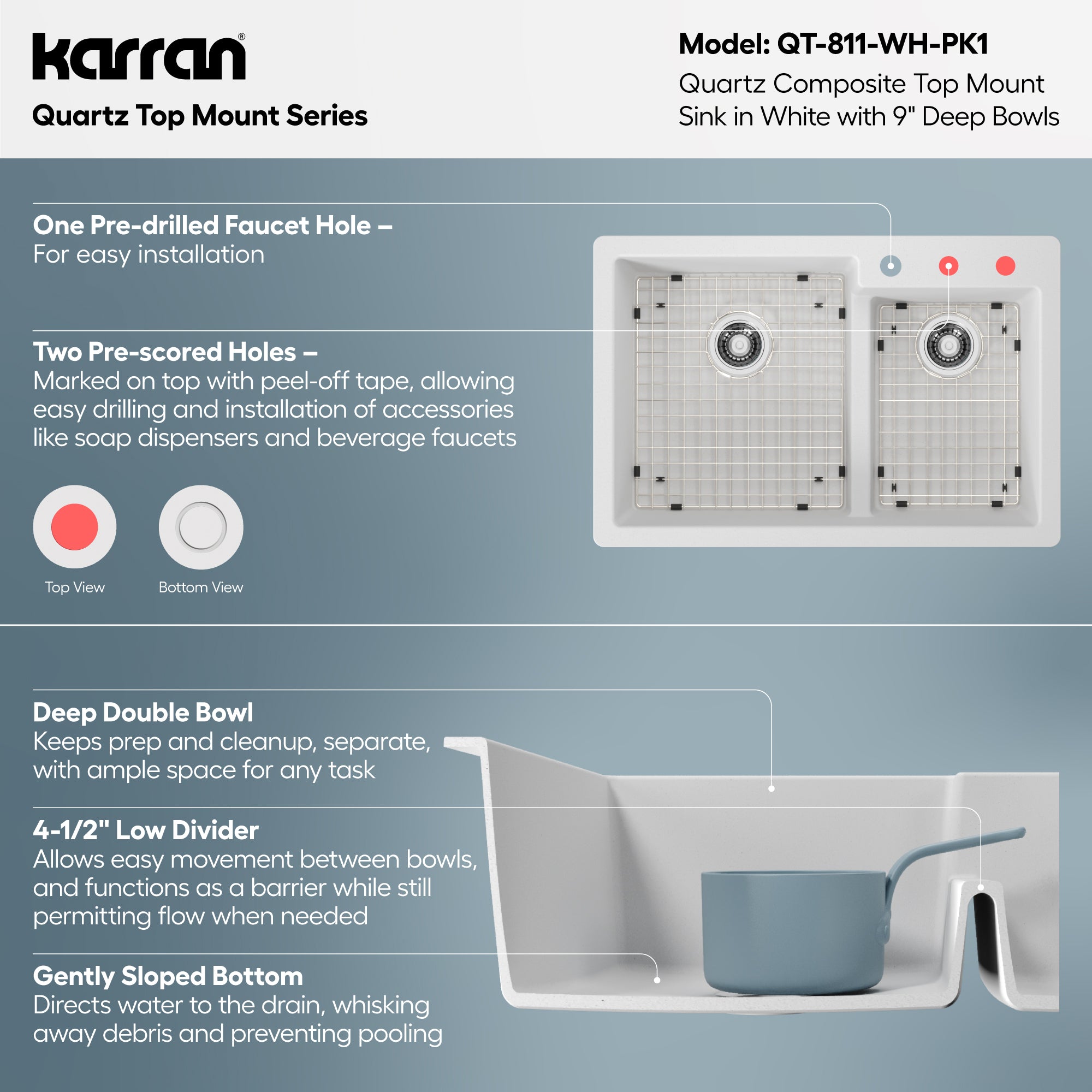 Alternative View of Karran 33" Drop In/Topmount Quartz Composite Kitchen Sink with Accessories, 60/40 Double Bowl, White, QT-811-WH-PK1