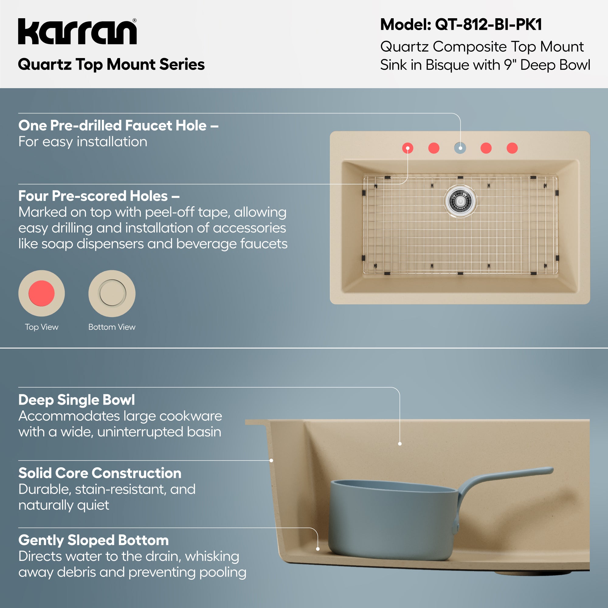 Alternative View of Karran 33" Drop In/Topmount Quartz Composite Kitchen Sink with Accessories, Bisque, QT-812-BI-PK1
