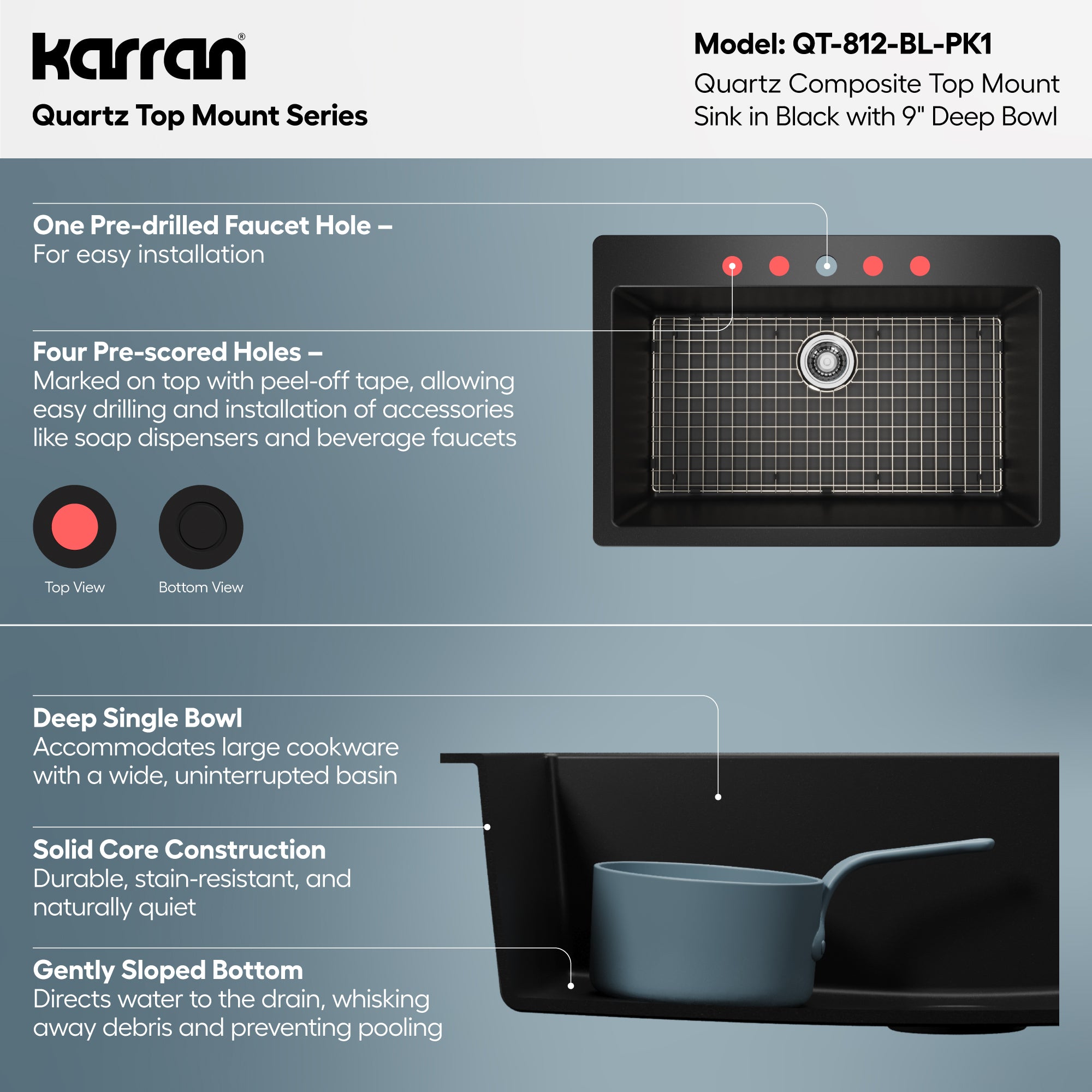 Alternative View of Karran 33" Drop In/Topmount Quartz Composite Kitchen Sink with Accessories, Black, QT-812-BL-PK1