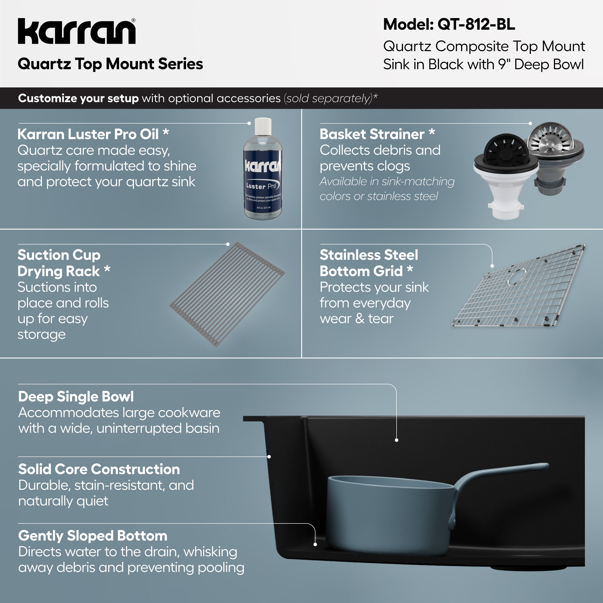 Alternative View of Karran 33" Drop In/Topmount Quartz Composite Kitchen Sink, Black, QT-812-BL