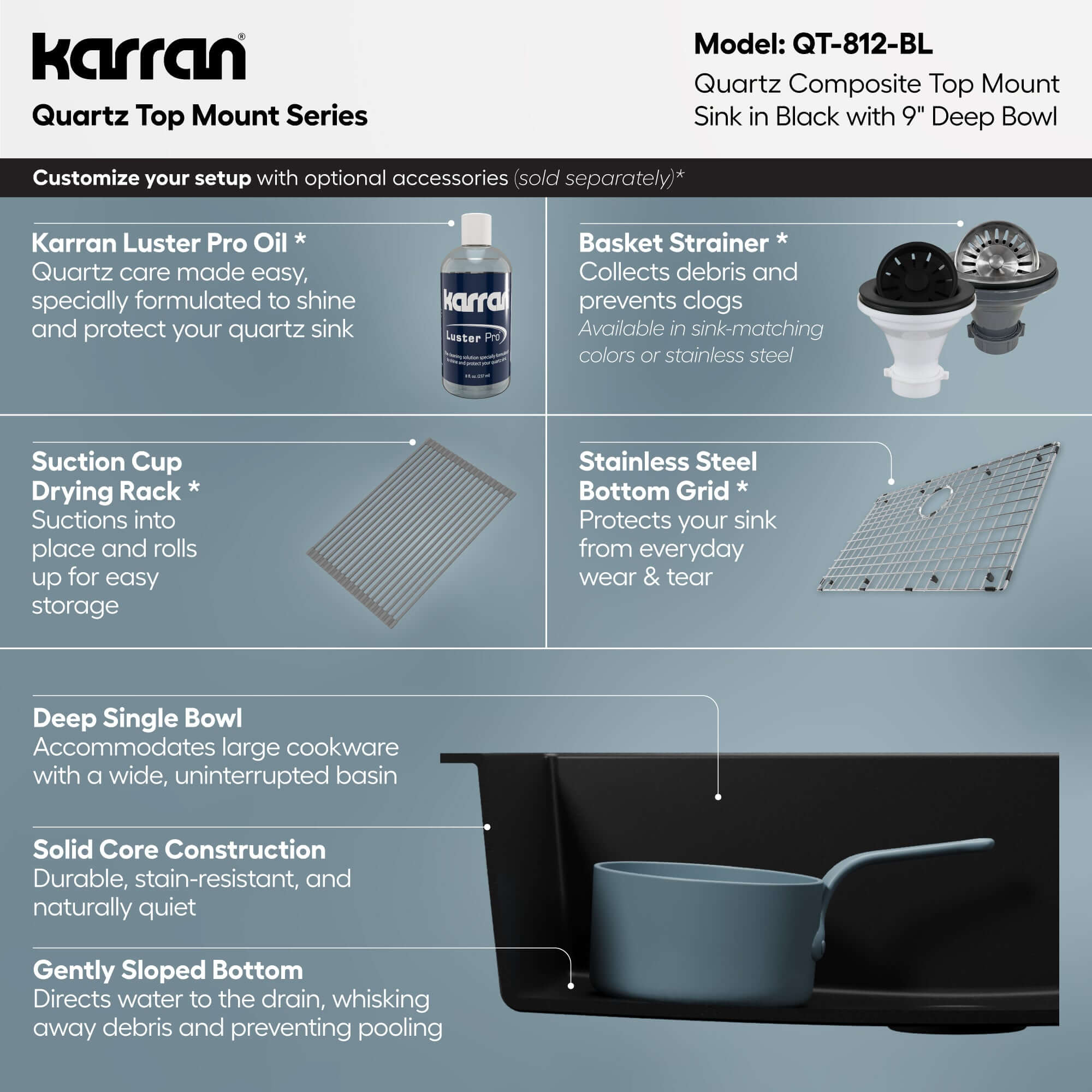 Alternative View of Karran 33" Drop In/Topmount Quartz Composite Kitchen Sink, Black, QT-812-BL