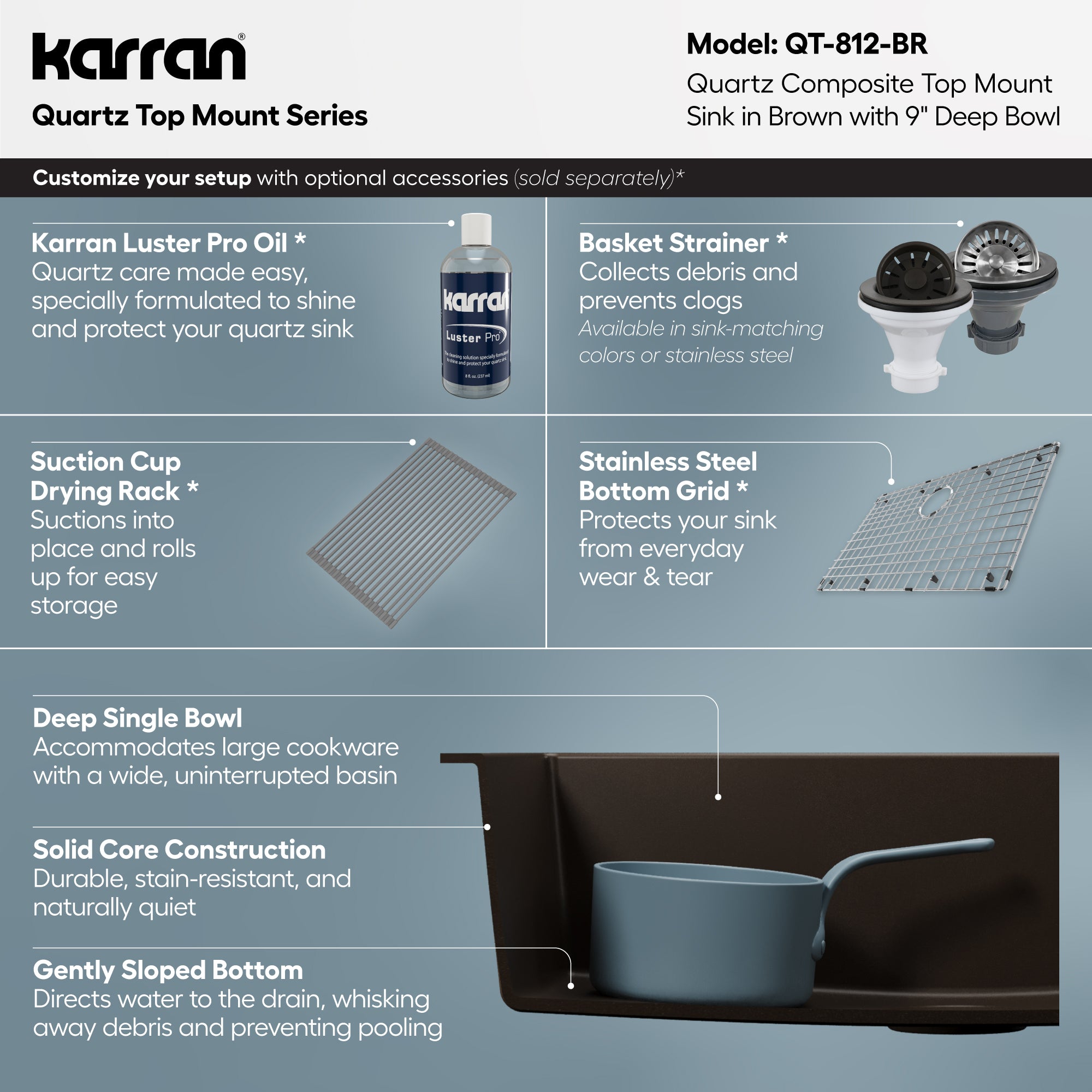 Alternative View of Karran 33" Drop In/Topmount Quartz Composite Kitchen Sink, Brown, QT-812-BR