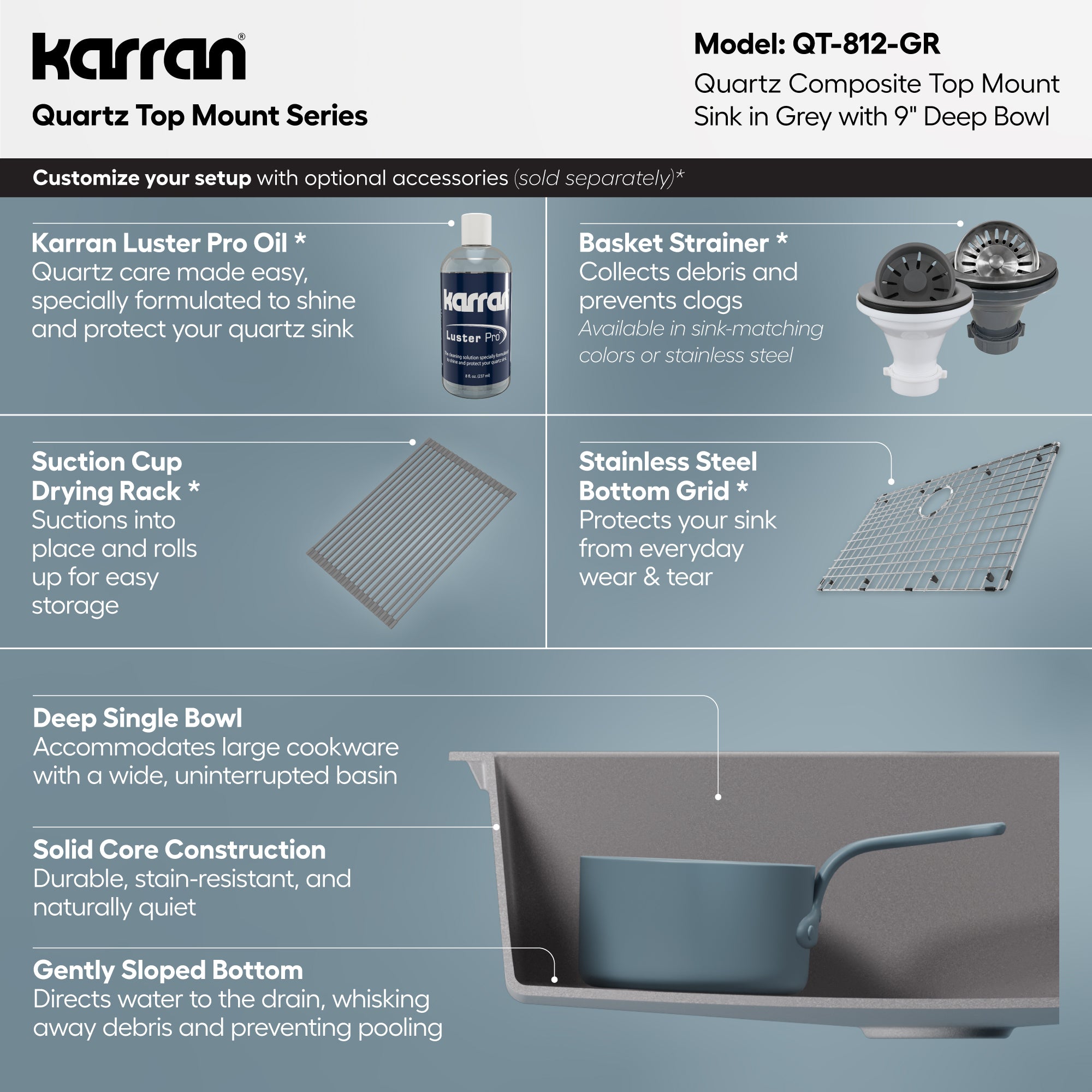 Alternative View of Karran 33" Drop In/Topmount Quartz Composite Kitchen Sink, Grey, QT-812-GR
