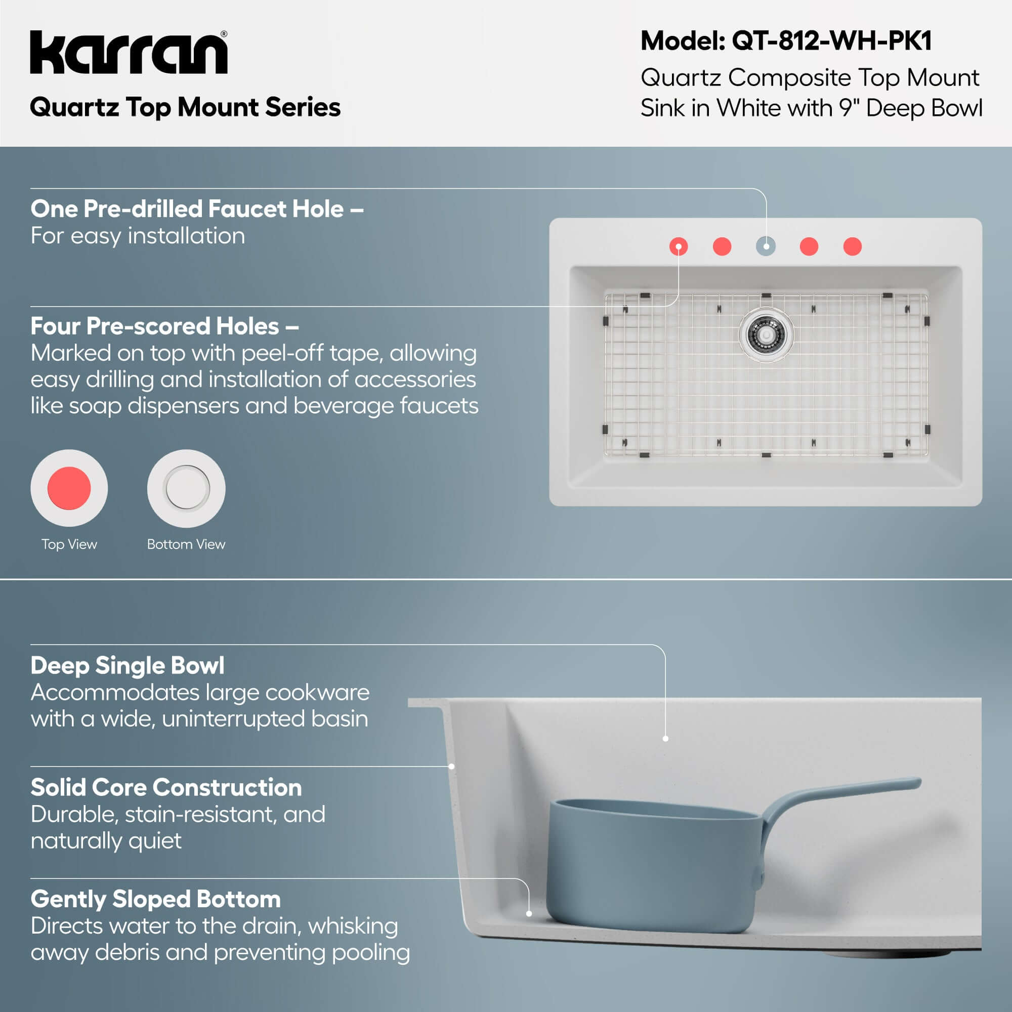 Alternative View of Karran 33" Drop In/Topmount Quartz Composite Kitchen Sink with Accessories, White, QT-812-WH-PK1