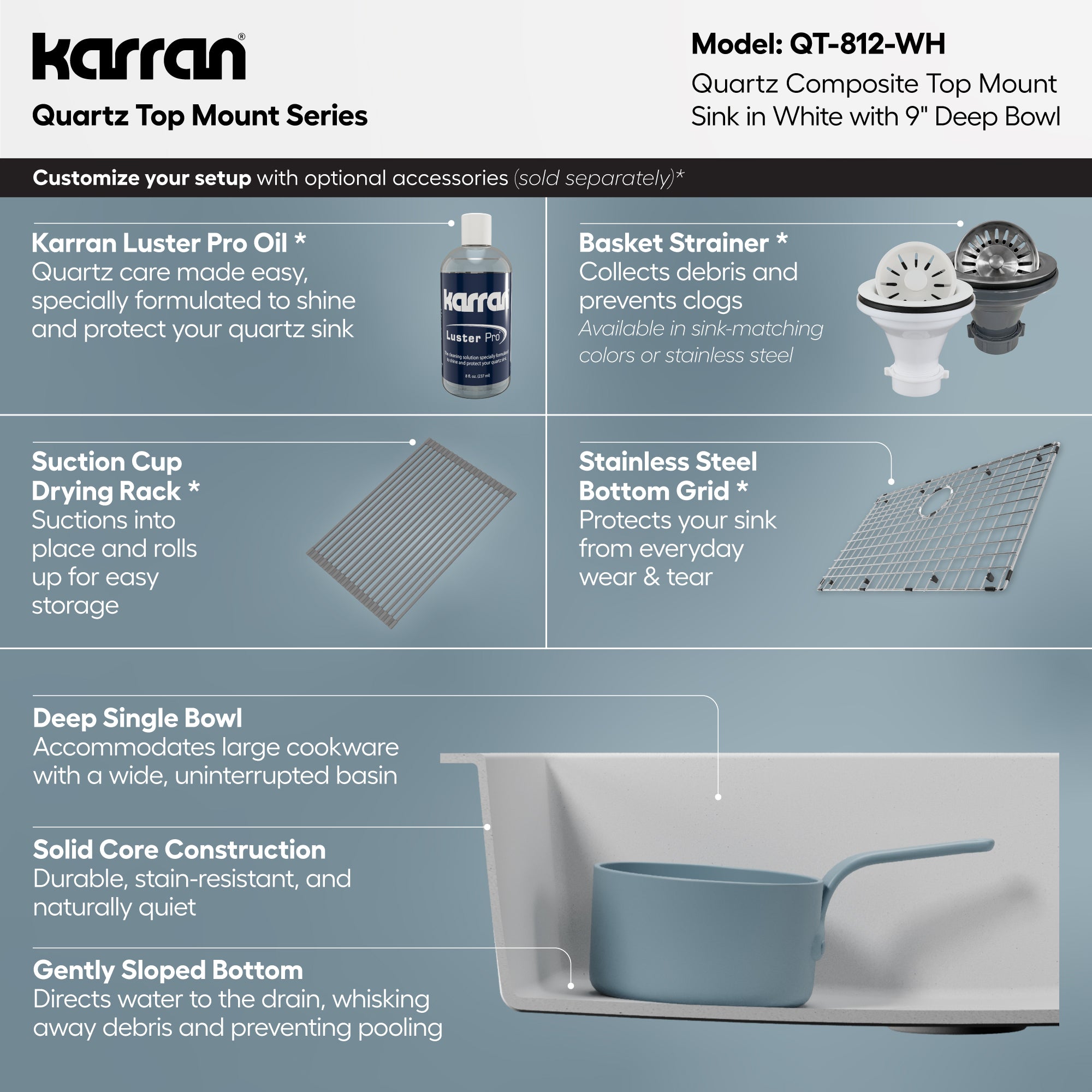Alternative View of Karran 33" Drop In/Topmount Quartz Composite Kitchen Sink, White, QT-812-WH