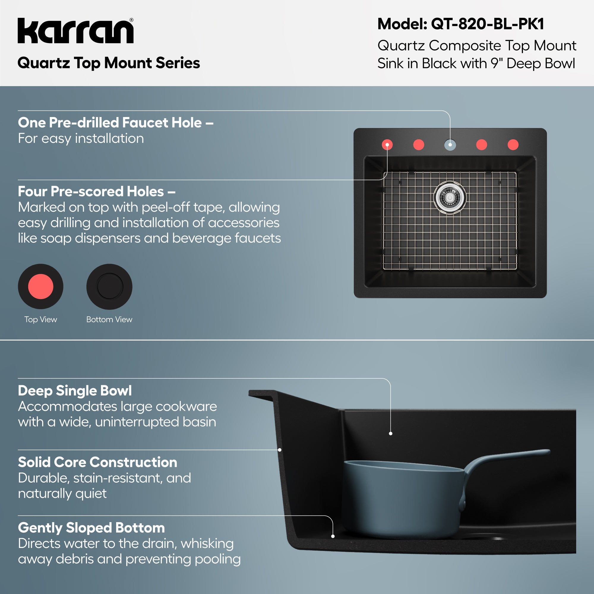 Alternative View of Karran 25" Drop In/Topmount Quartz Composite Kitchen Sink with Accessories, Black, QT-820-BL-PK1