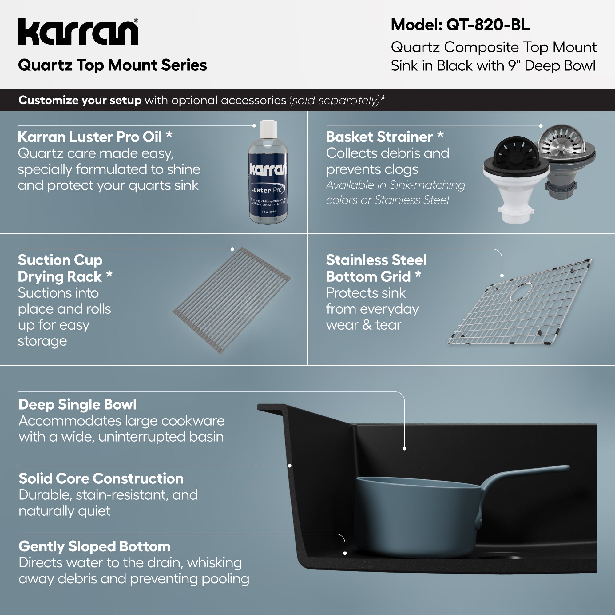 Alternative View of Karran 25" Drop In/Topmount Quartz Composite Kitchen Sink, Black, QT-820-BL
