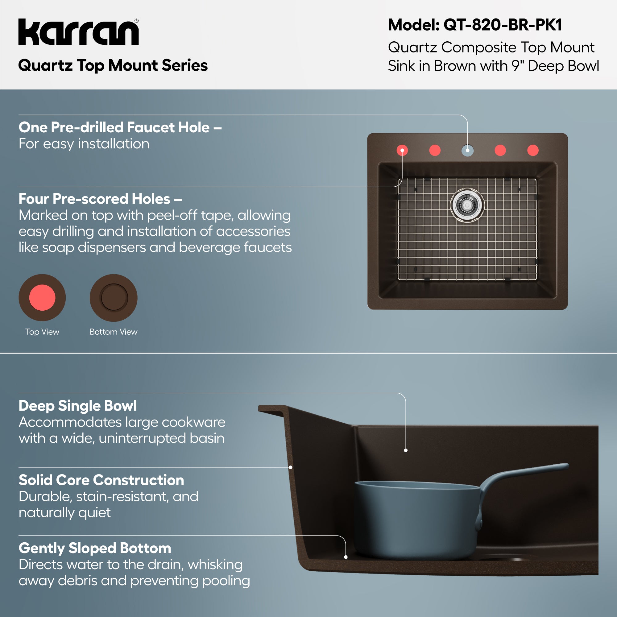 Alternative View of Karran 25" Drop In/Topmount Quartz Composite Kitchen Sink with Accessories, Brown, QT-820-BR-PK1