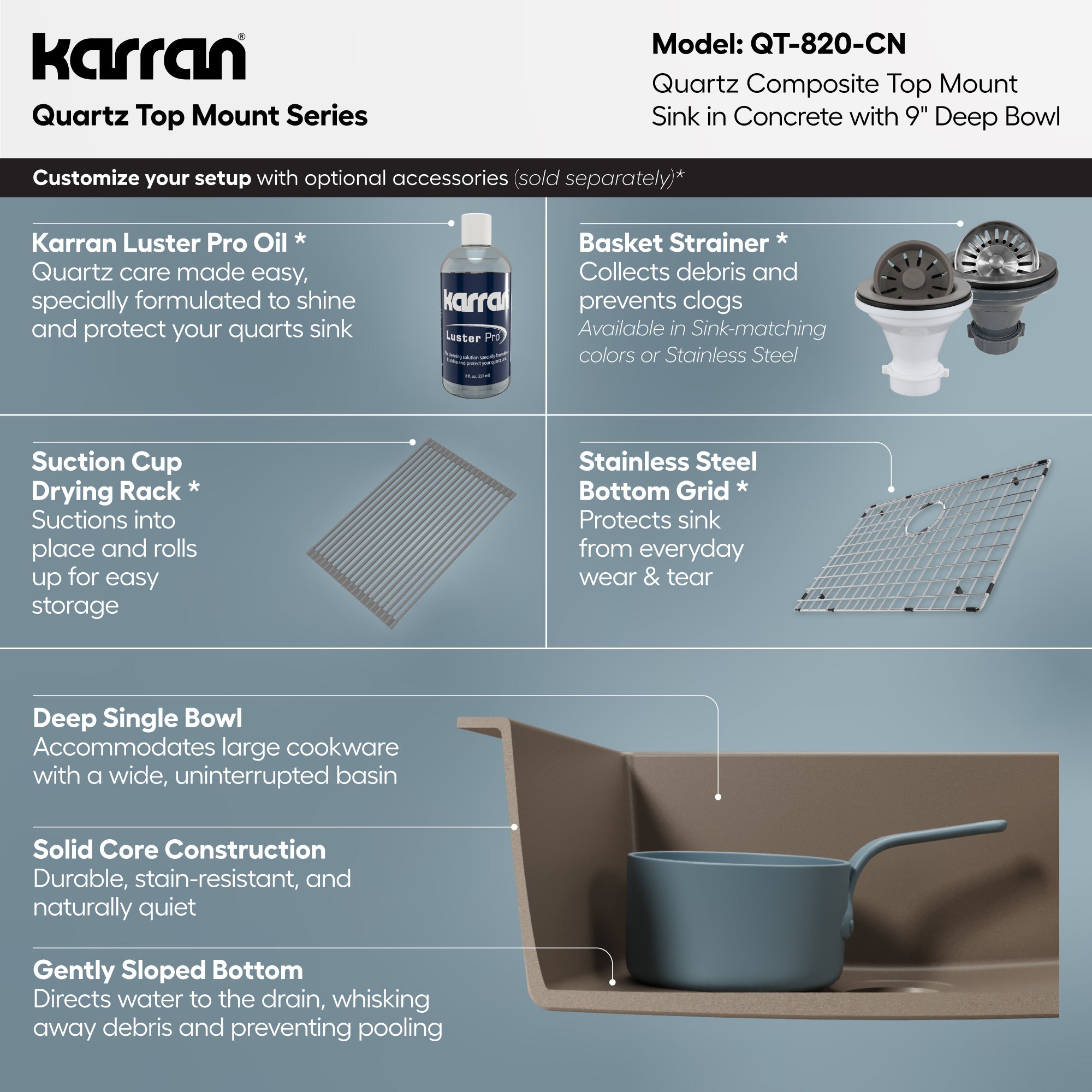 Alternative View of Karran 25" Drop In/Topmount Quartz Composite Kitchen Sink, Concrete, QT-820-CN