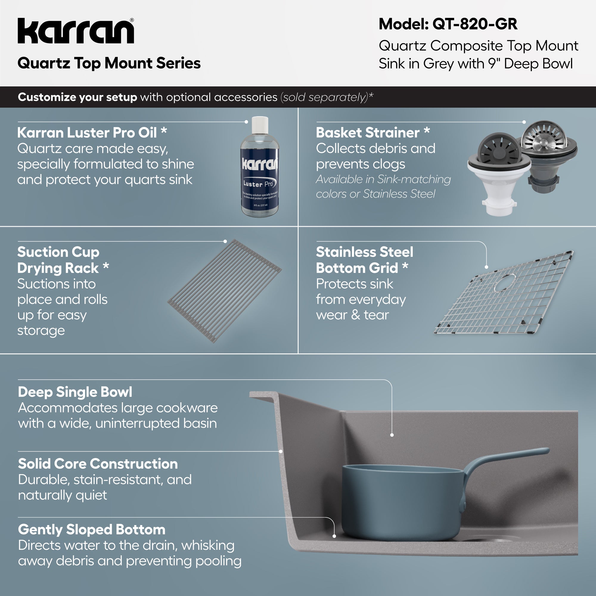 Alternative View of Karran 25" Drop In/Topmount Quartz Composite Kitchen Sink, Grey, QT-820-GR