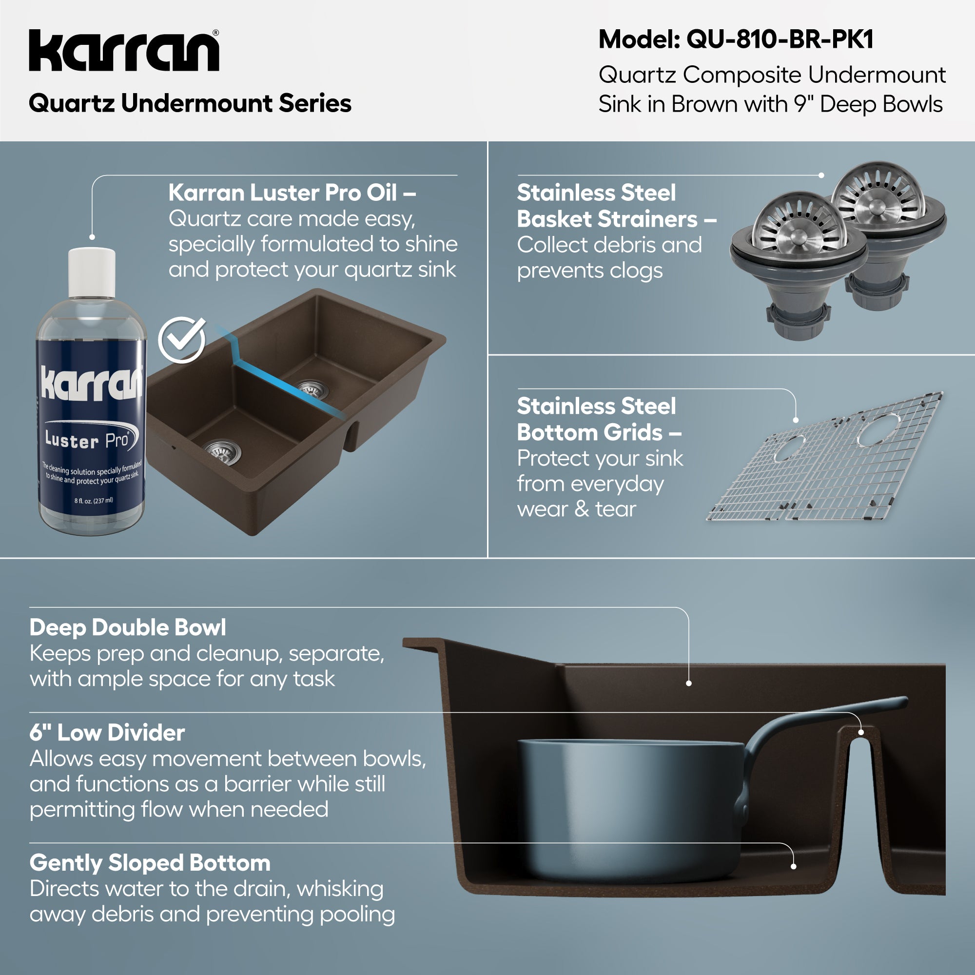 Alternative View of Karran 32" Undermount Quartz Composite Kitchen Sink with Accessories, 50/50 Double Bowl, Brown, QU-810-BR-PK1
