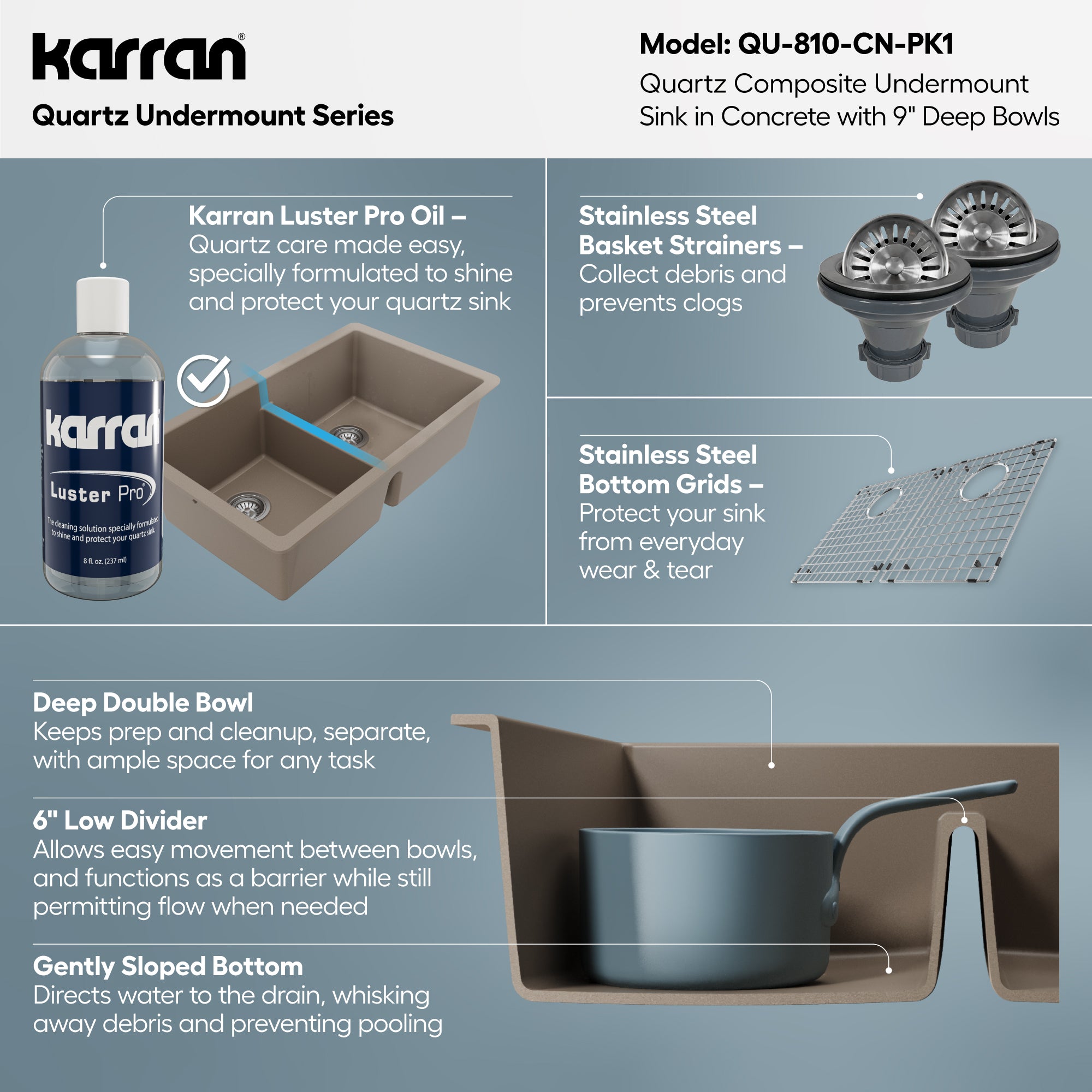 Alternative View of Karran 32" Undermount Quartz Composite Kitchen Sink with Accessories, 50/50 Double Bowl, Concrete, QU-810-CN-PK1