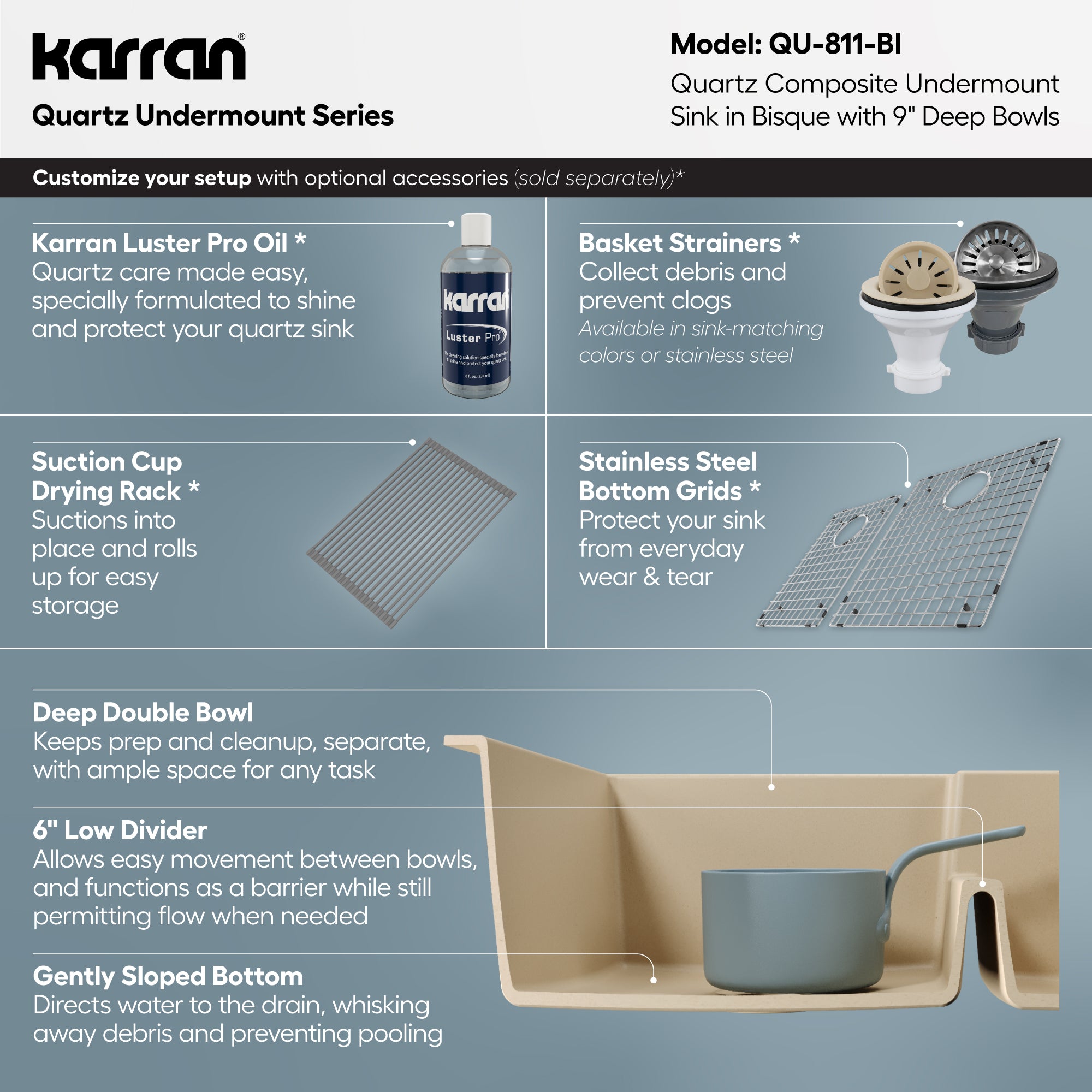 Alternative View of Karran 32" Undermount Quartz Composite Kitchen Sink, 60/40 Double Bowl, Bisque, QU-811-BI