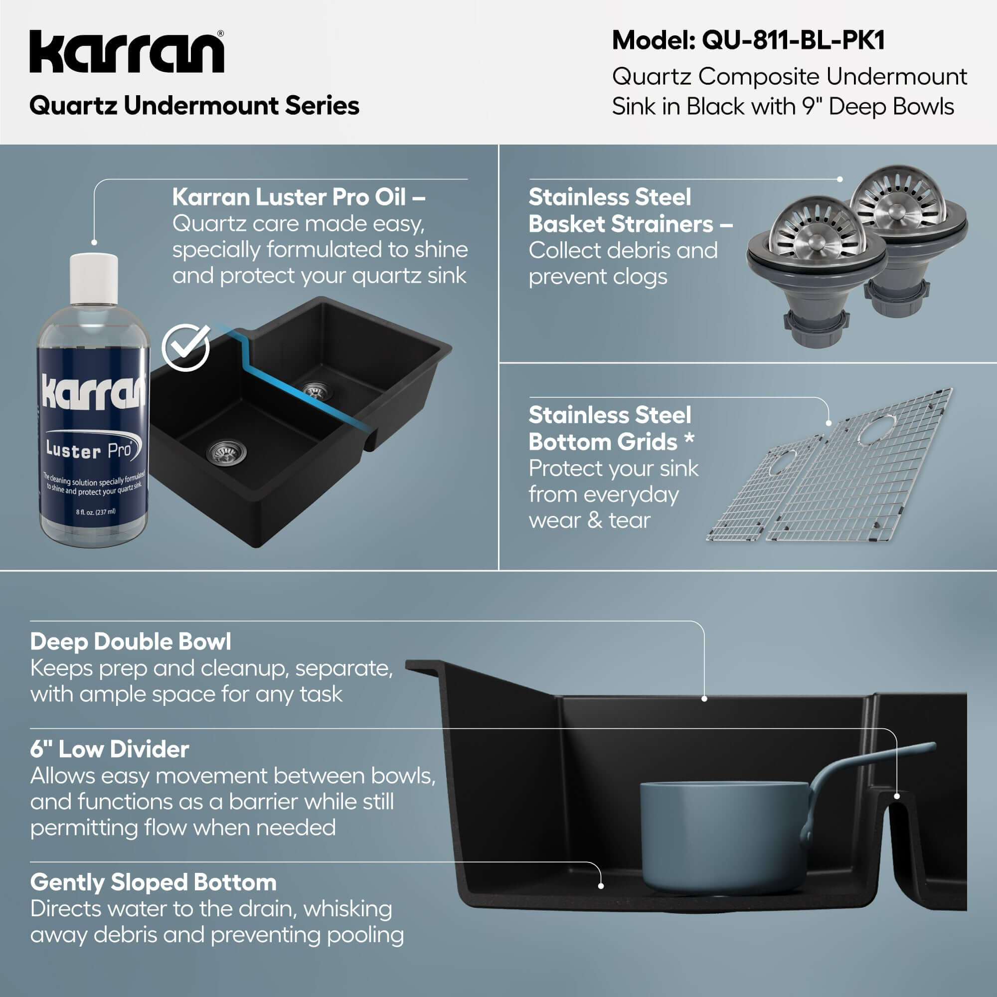 Alternative View of Karran 32" Undermount Quartz Composite Kitchen Sink with Accessories, 60/40 Double Bowl, Black, QU-811-BL-PK1