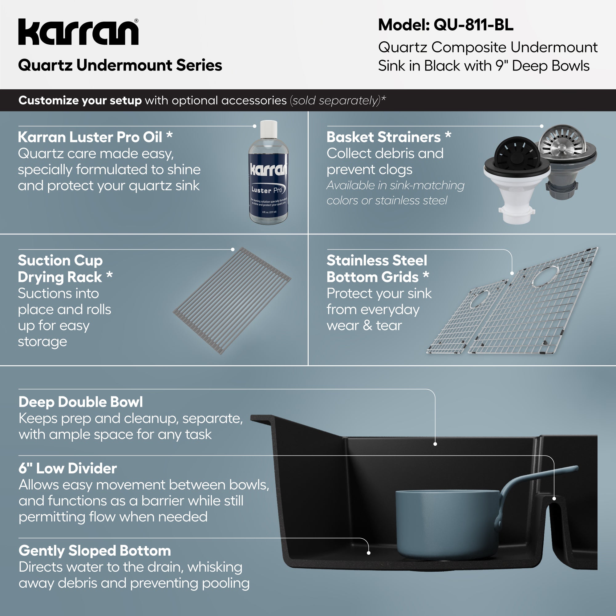Alternative View of Karran 32" Undermount Quartz Composite Kitchen Sink, 60/40 Double Bowl, Black, QU-811-BL