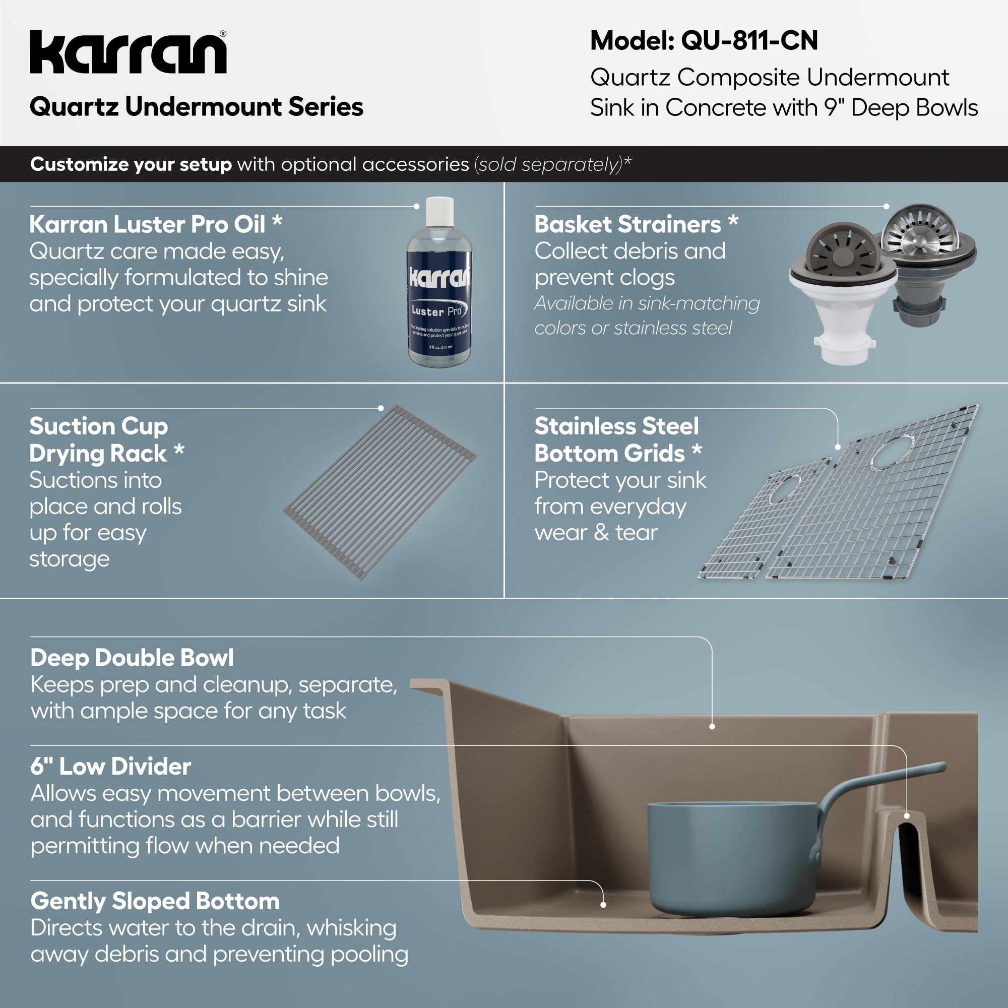 Alternative View of Karran 32" Undermount Quartz Composite Kitchen Sink, 60/40 Double Bowl, Concrete, QU-811-CN