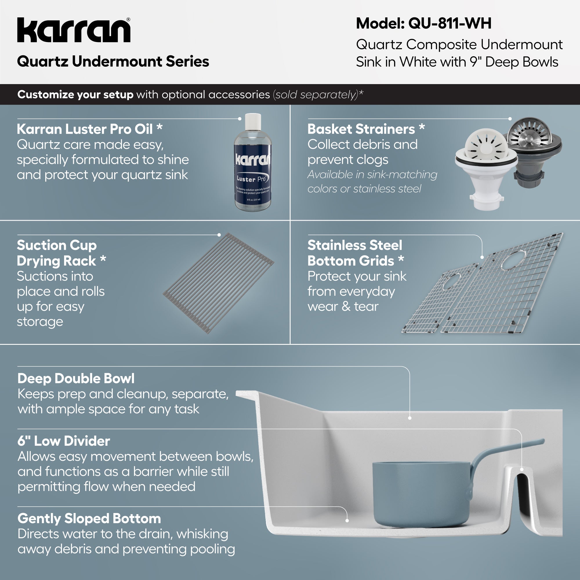 Alternative View of Karran 32" Undermount Quartz Composite Kitchen Sink, 60/40 Double Bowl, White, QU-811-WH