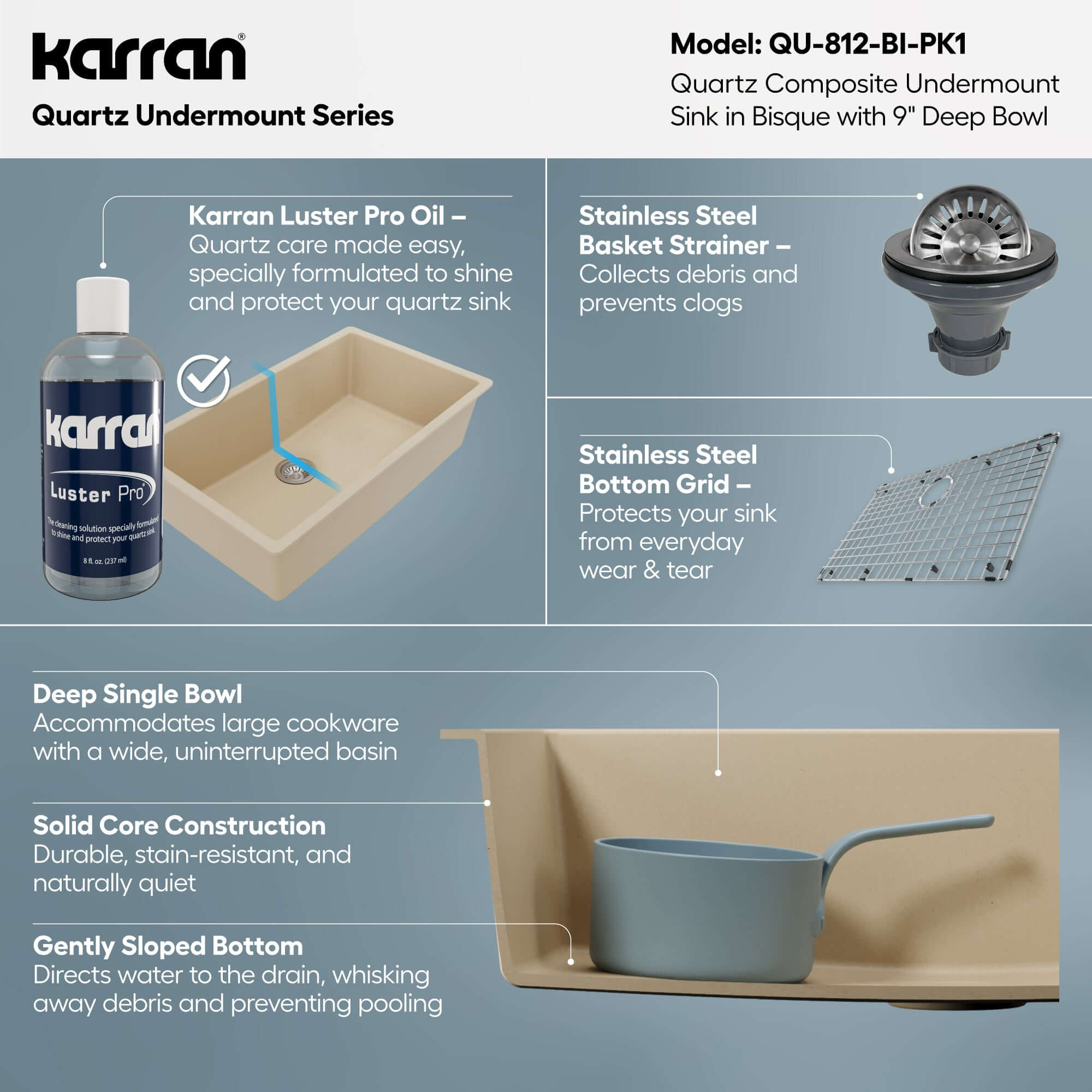 Alternative View of Karran 32" Undermount Quartz Composite Kitchen Sink with Accessories, Bisque, QU-812-BI-PK1