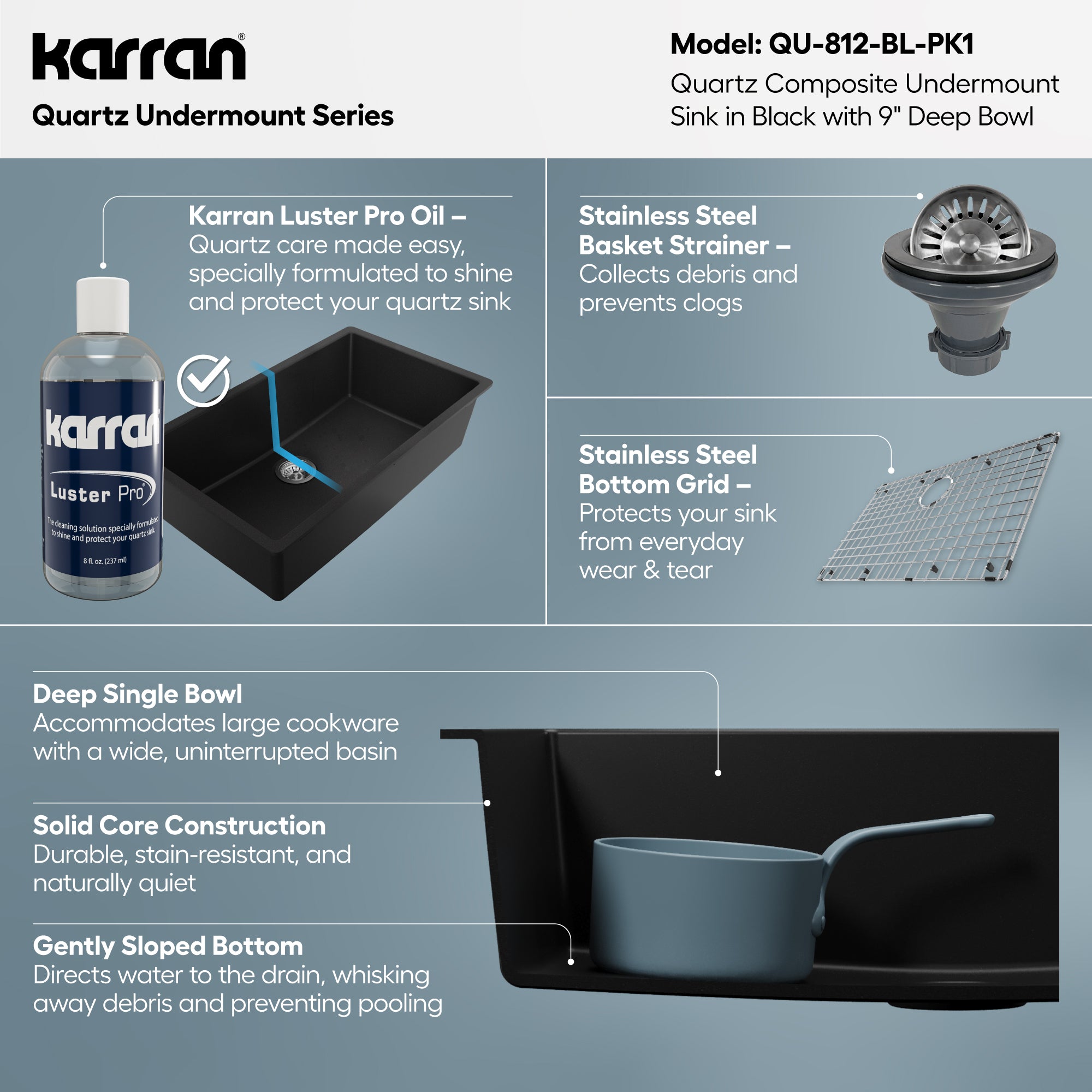 Alternative View of Karran 32" Undermount Quartz Composite Kitchen Sink with Accessories, Black, QU-812-BL-PK1