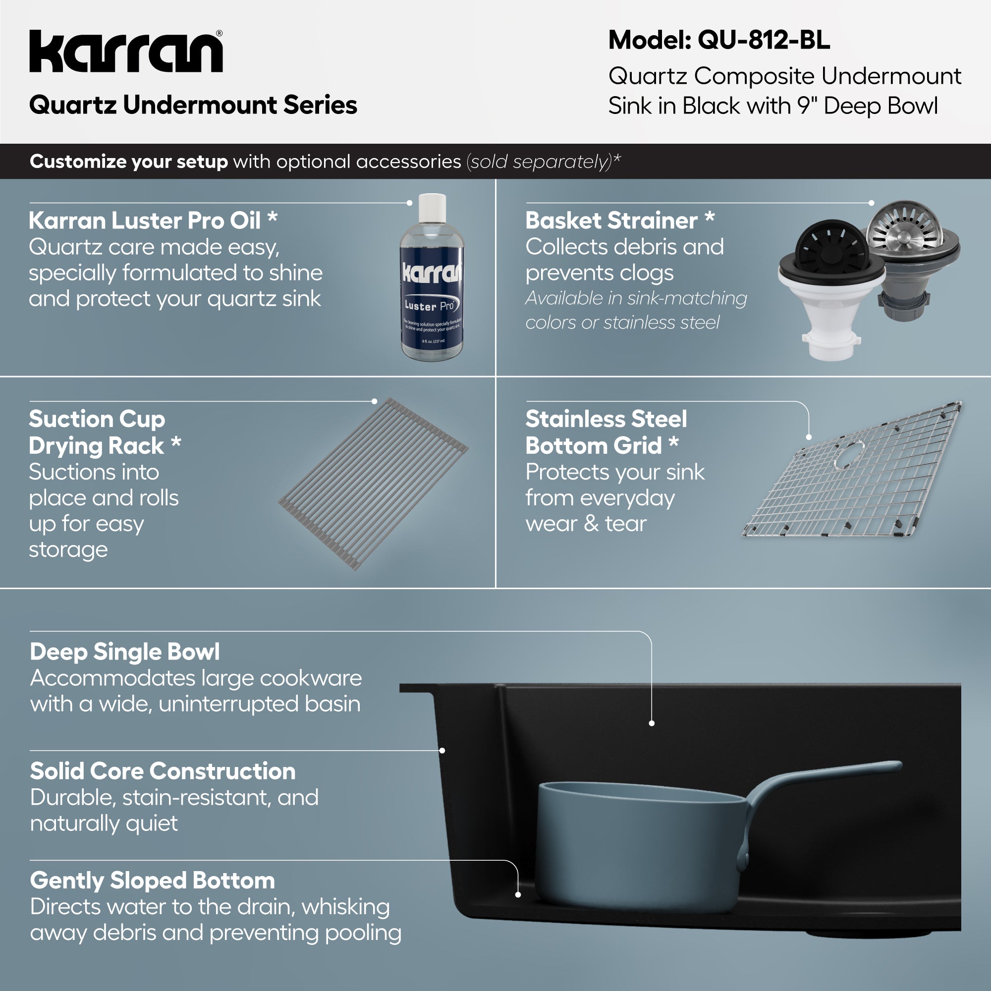 Alternative View of Karran 32" Undermount Quartz Composite Kitchen Sink, Black, QU-812-BL