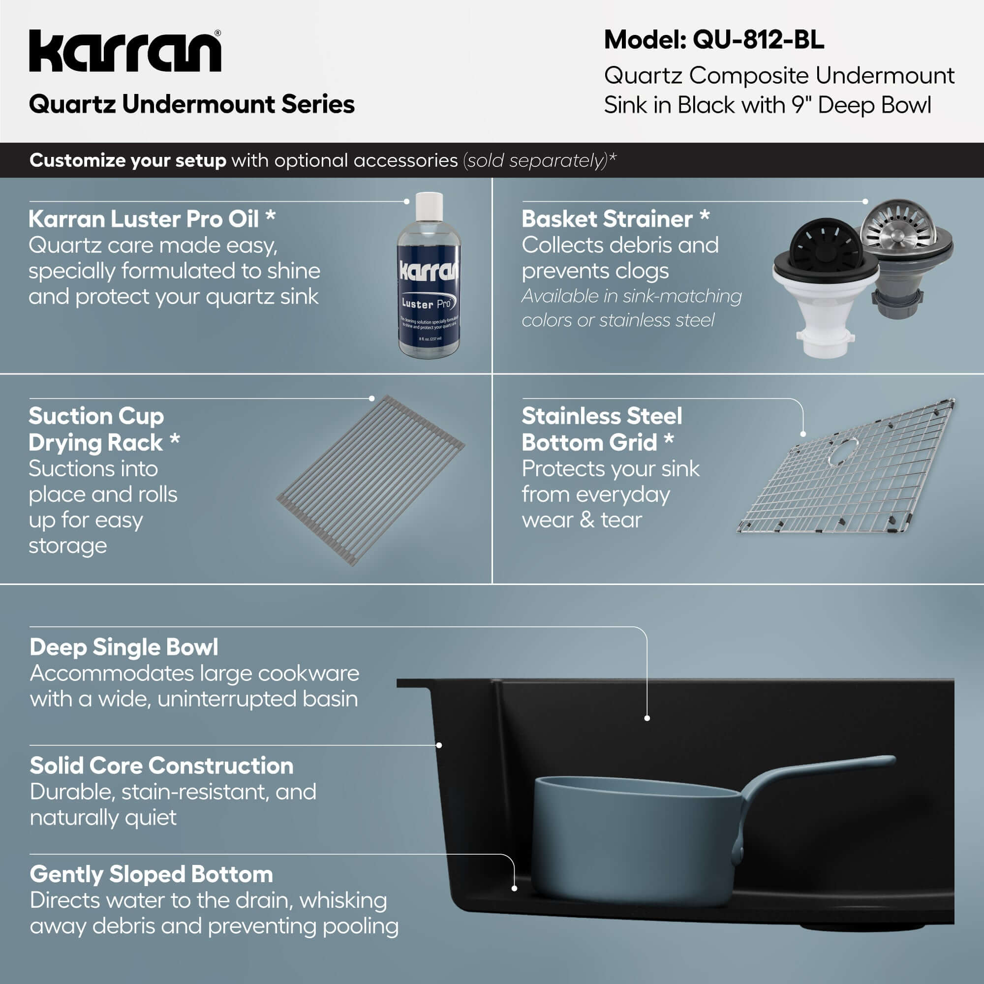 Alternative View of Karran 32" Undermount Quartz Composite Kitchen Sink, Black, QU-812-BL