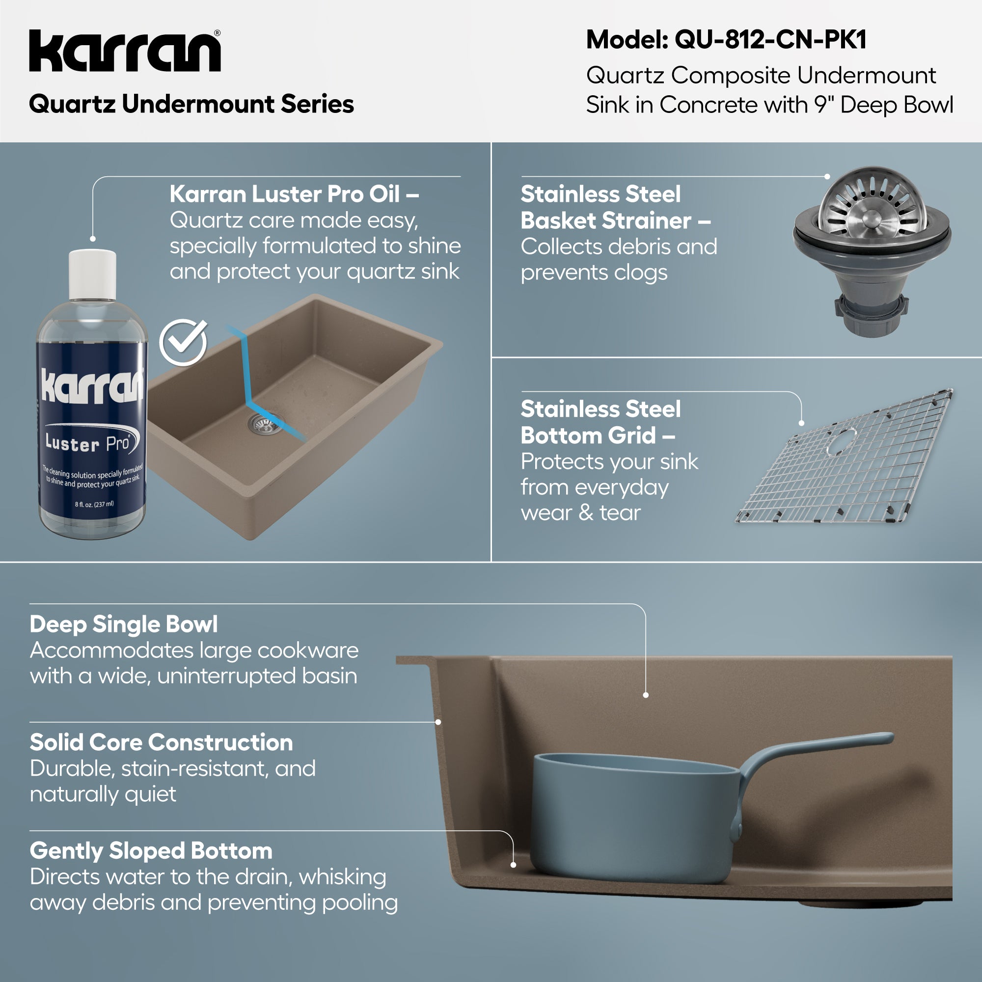 Alternative View of Karran 32" Undermount Quartz Composite Kitchen Sink with Accessories, Concrete, QU-812-CN-PK1