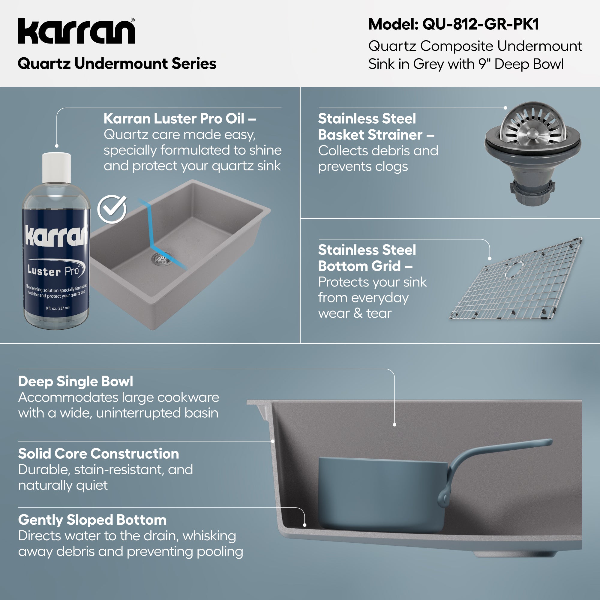 Alternative View of Karran 32" Undermount Quartz Composite Kitchen Sink with Accessories, Grey, QU-812-GR-PK1