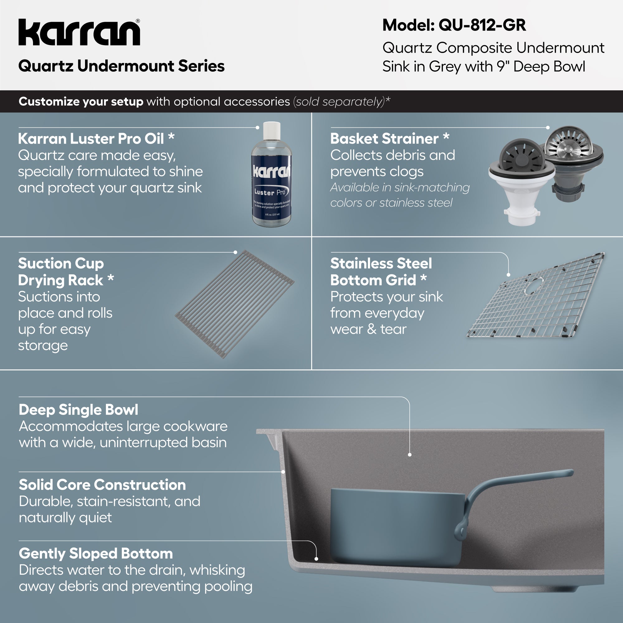 Alternative View of Karran 32" Undermount Quartz Composite Kitchen Sink, Grey, QU-812-GR