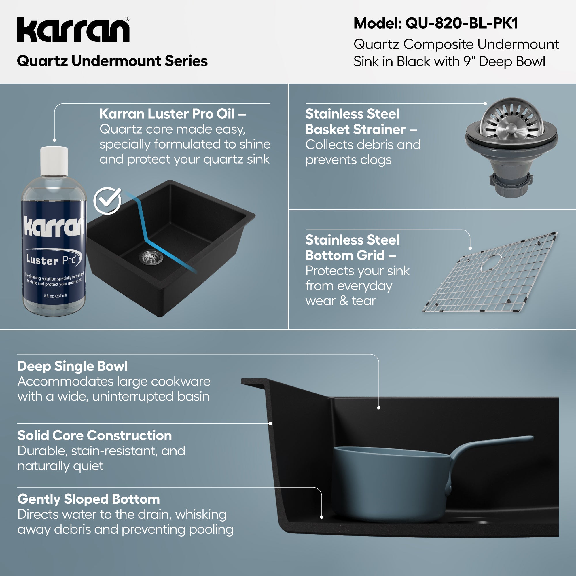 Alternative View of Karran 24" Undermount Quartz Composite Kitchen Sink with Accessories, Black, QU-820-BL-PK1