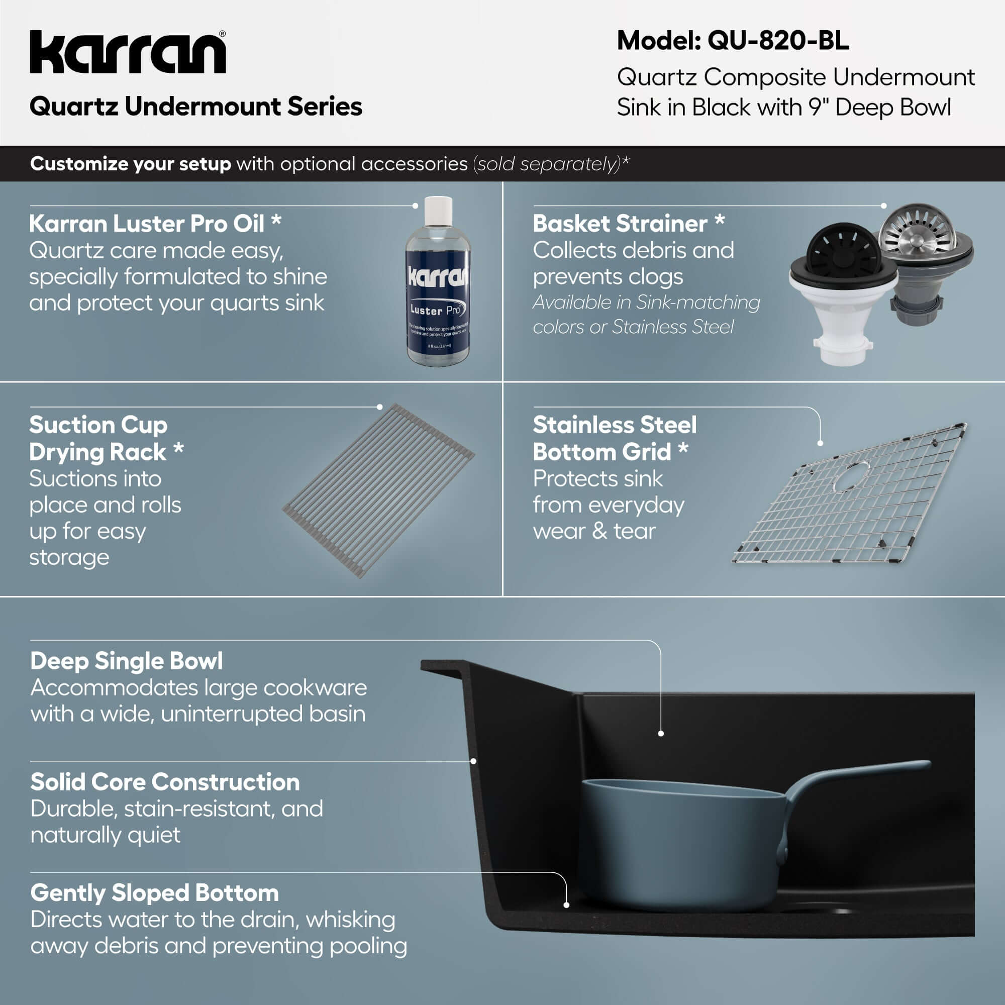 Alternative View of Karran 24" Undermount Quartz Composite Kitchen Sink, Black, QU-820-BL