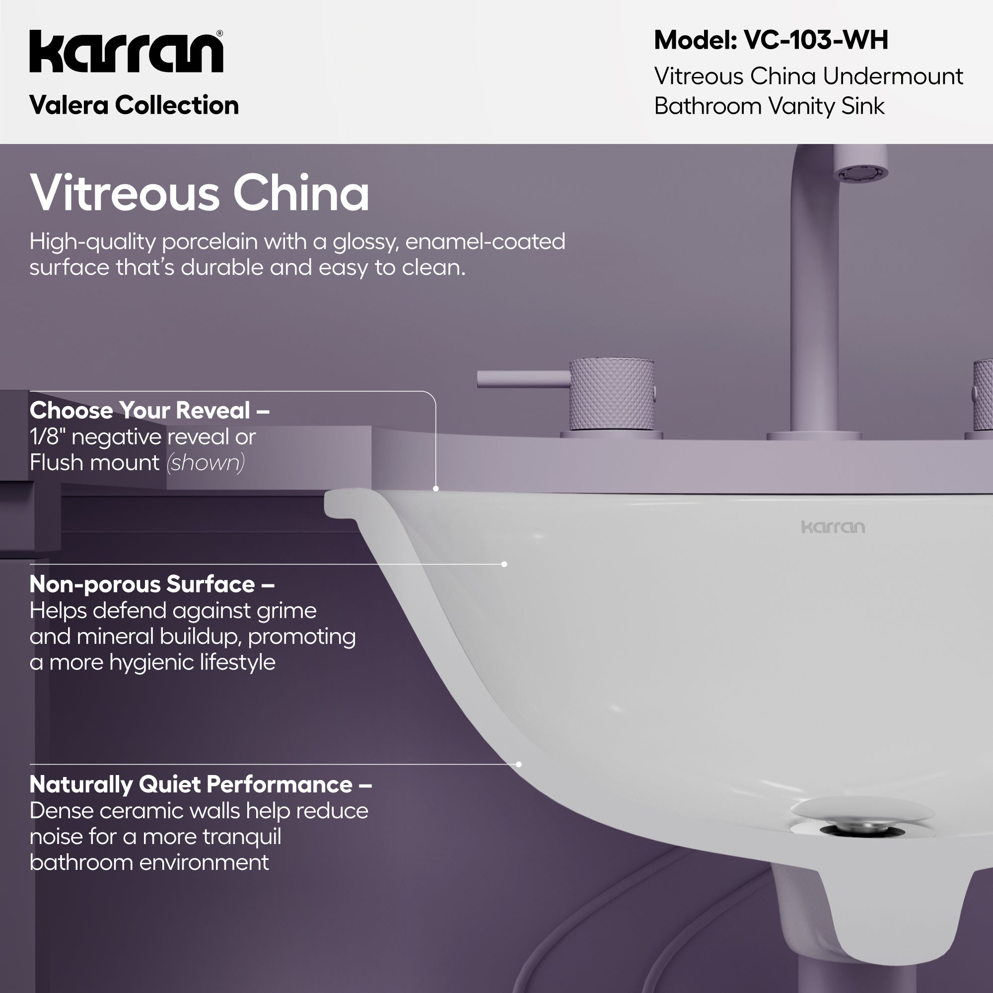 Karran Valera 15" x 18.125" Oval Undermount Vitreous China Bathroom Sink, White, VC-103-WH