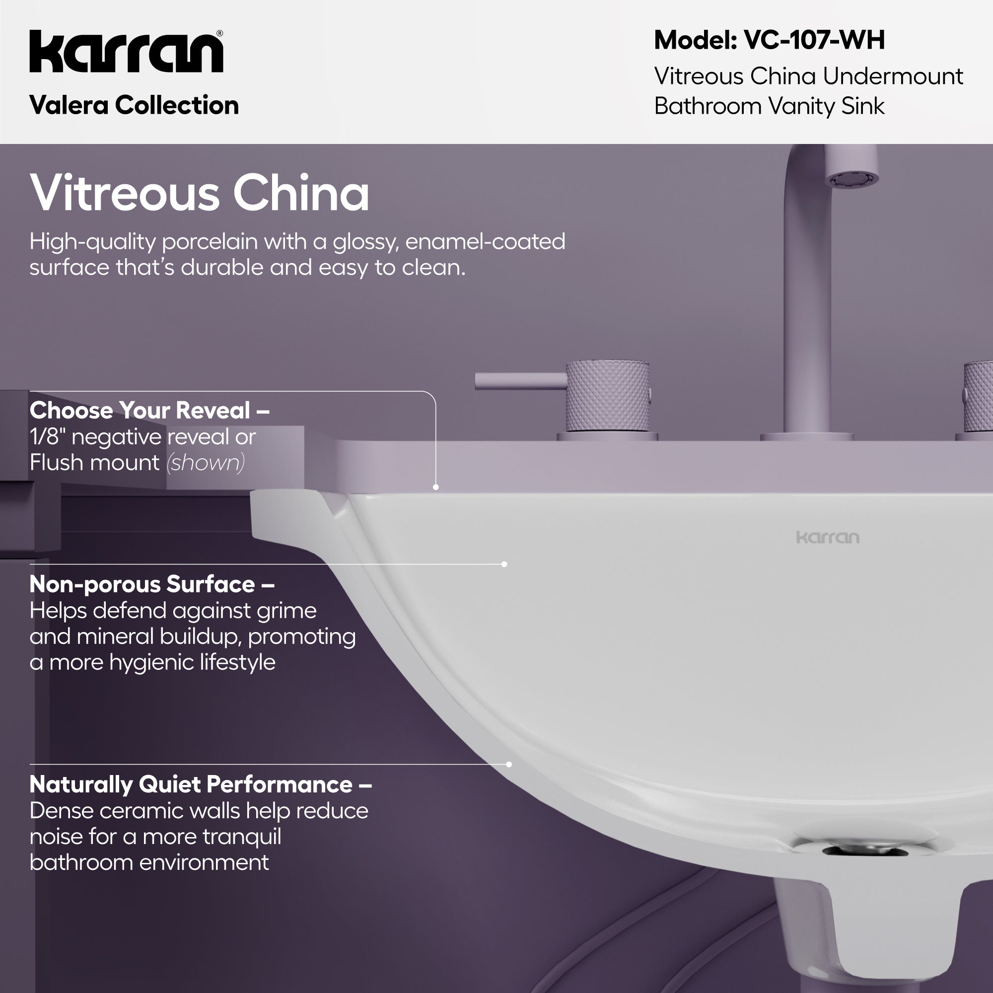 Karran Valera 15.375" x 20.5" Rectangular Undermount Vitreous China Bathroom Sink, White, VC-107-WH