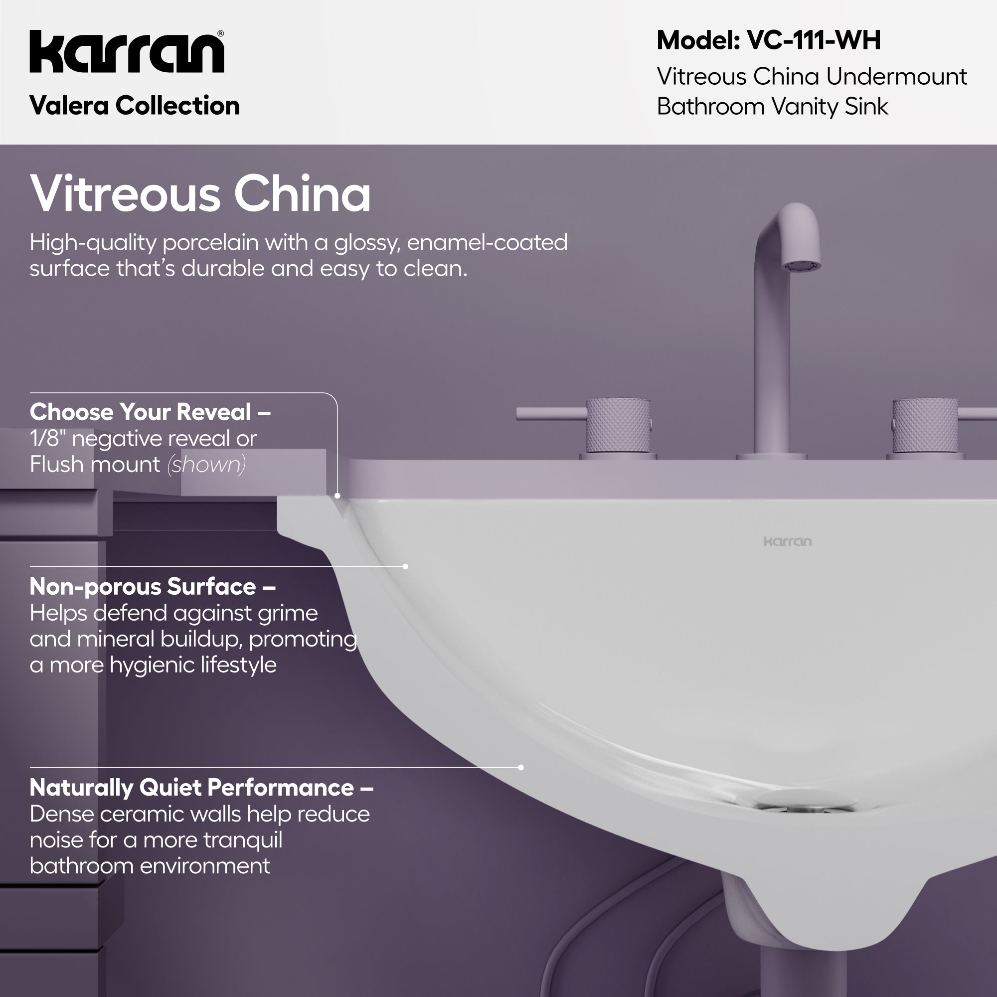 Karran Valera 14.5" x 20.5" Rectangular Undermount Vitreous China Bathroom Sink, White, VC-111-WH