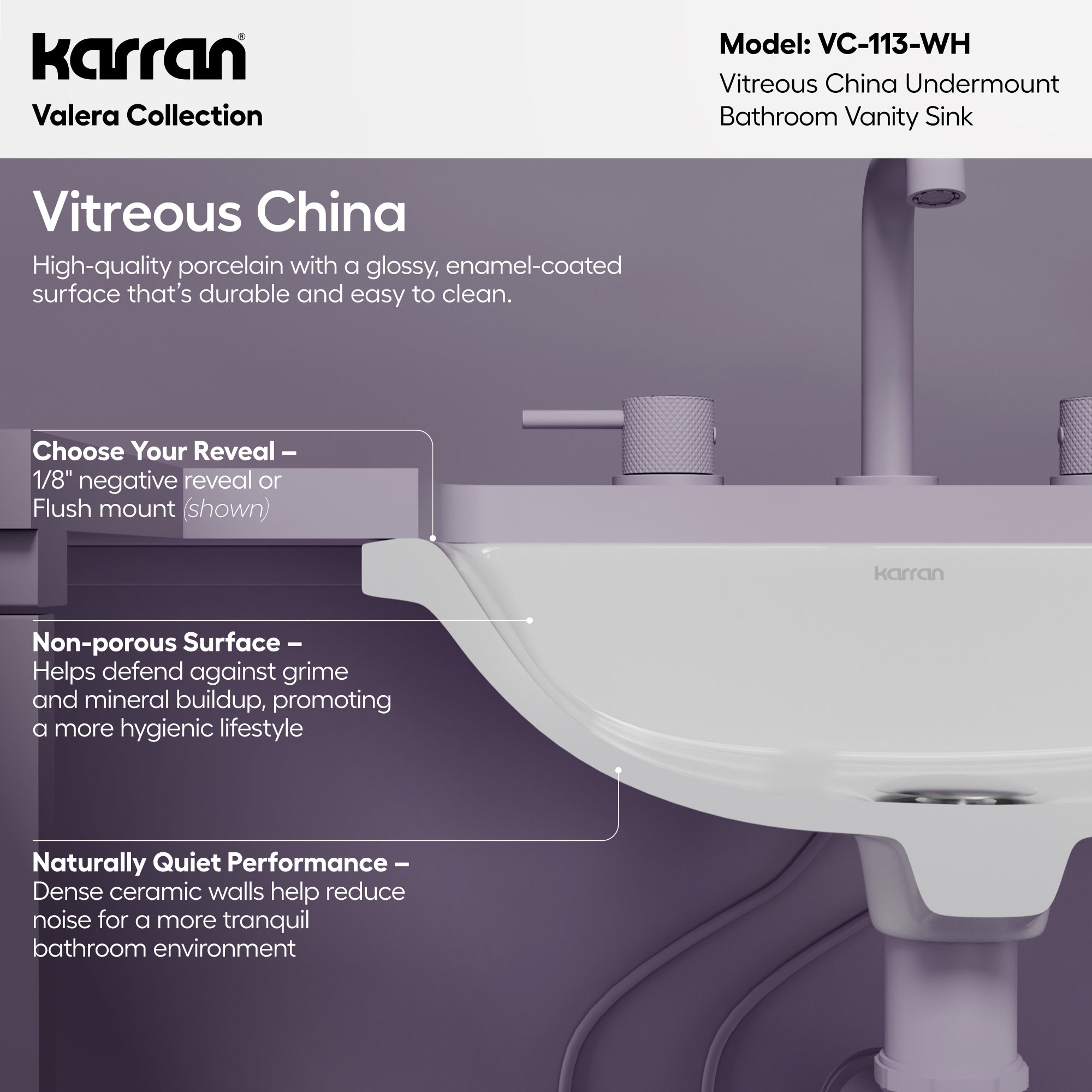 Karran Valera 13.125" x 18.125" Rectangular Undermount Vitreous China ADA Bathroom Sink, White, VC-113-WH