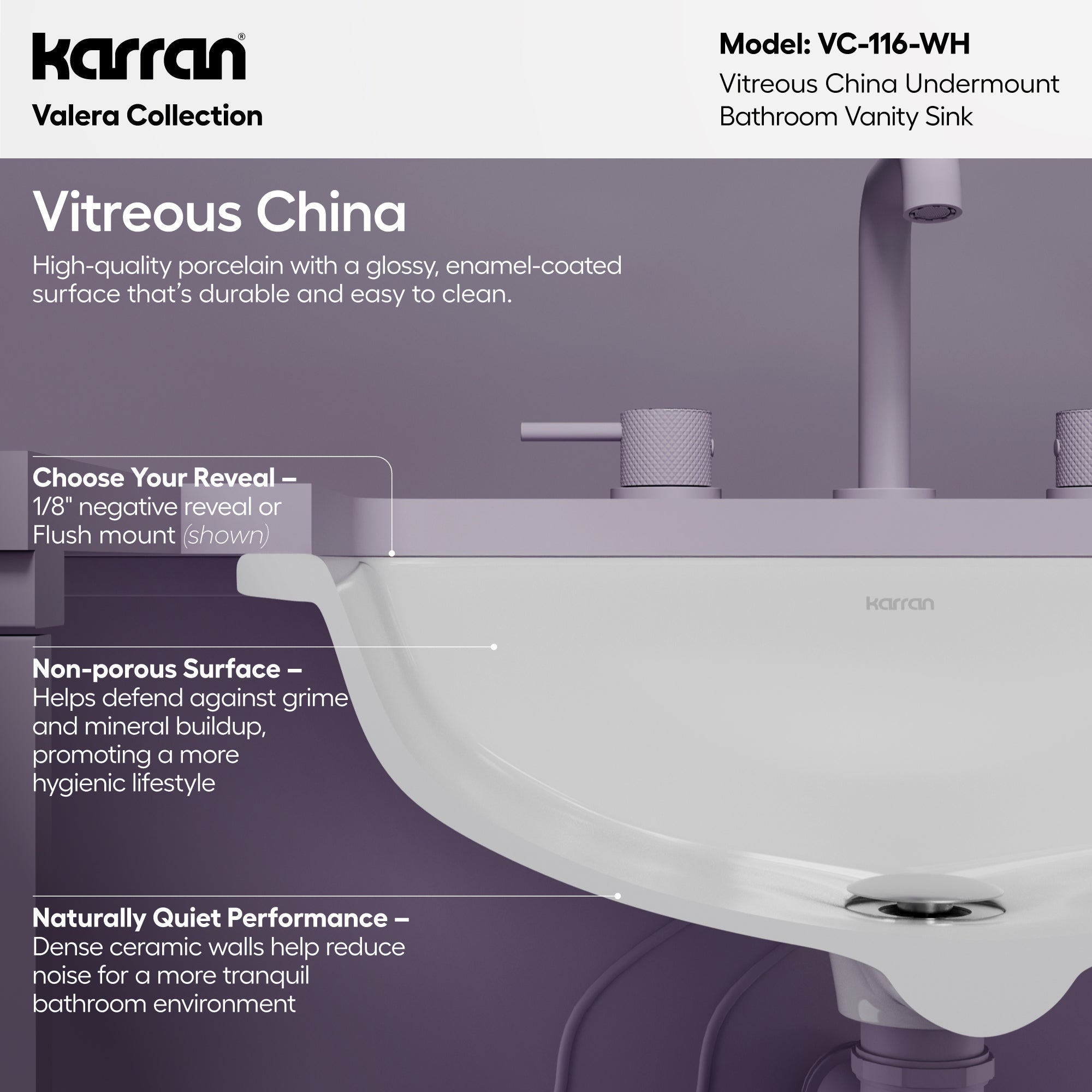 Karran Valera 14.5" x 21" Rectangular Undermount Vitreous China ADA Bathroom Sink, White, VC-116-WH