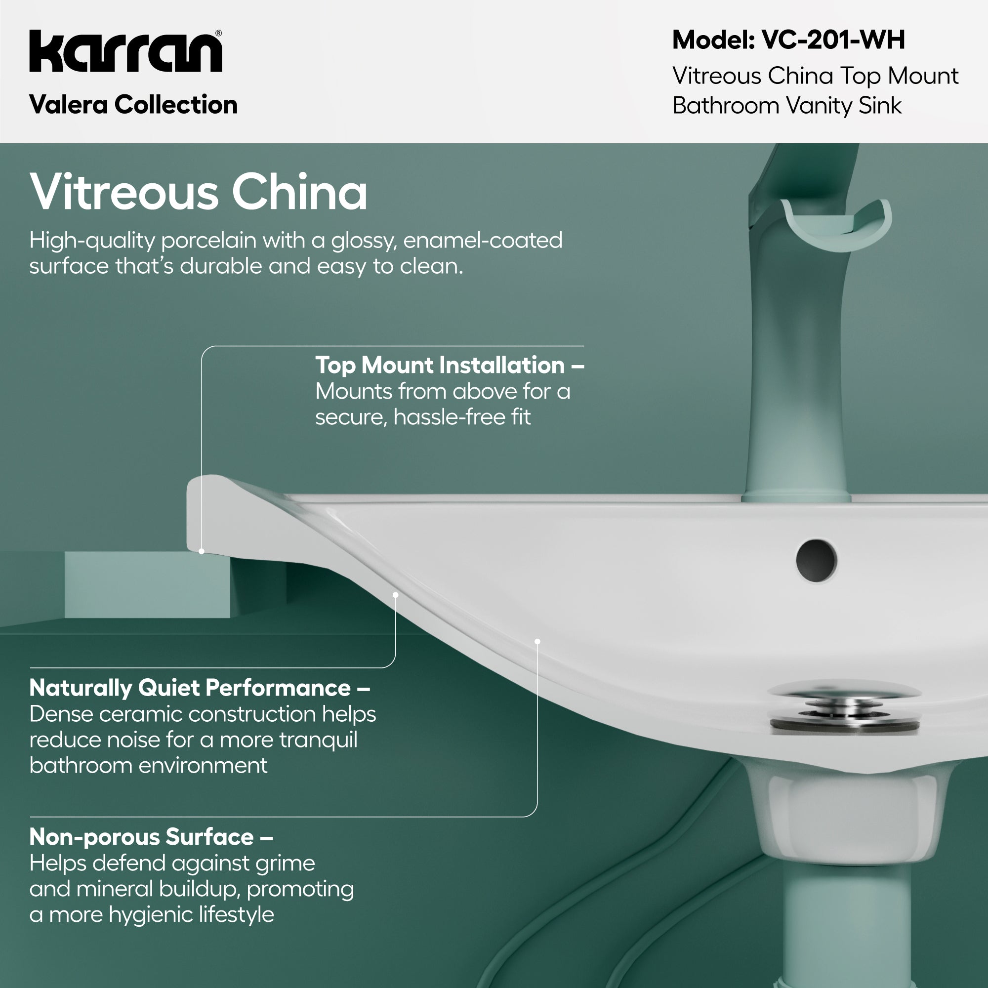 Alternative View of Karran Valera 20.375" x 16.125" x 4.5" Rectangular Vessel Vitreous China ADA Bathroom Sink, White, VC-201-WH
