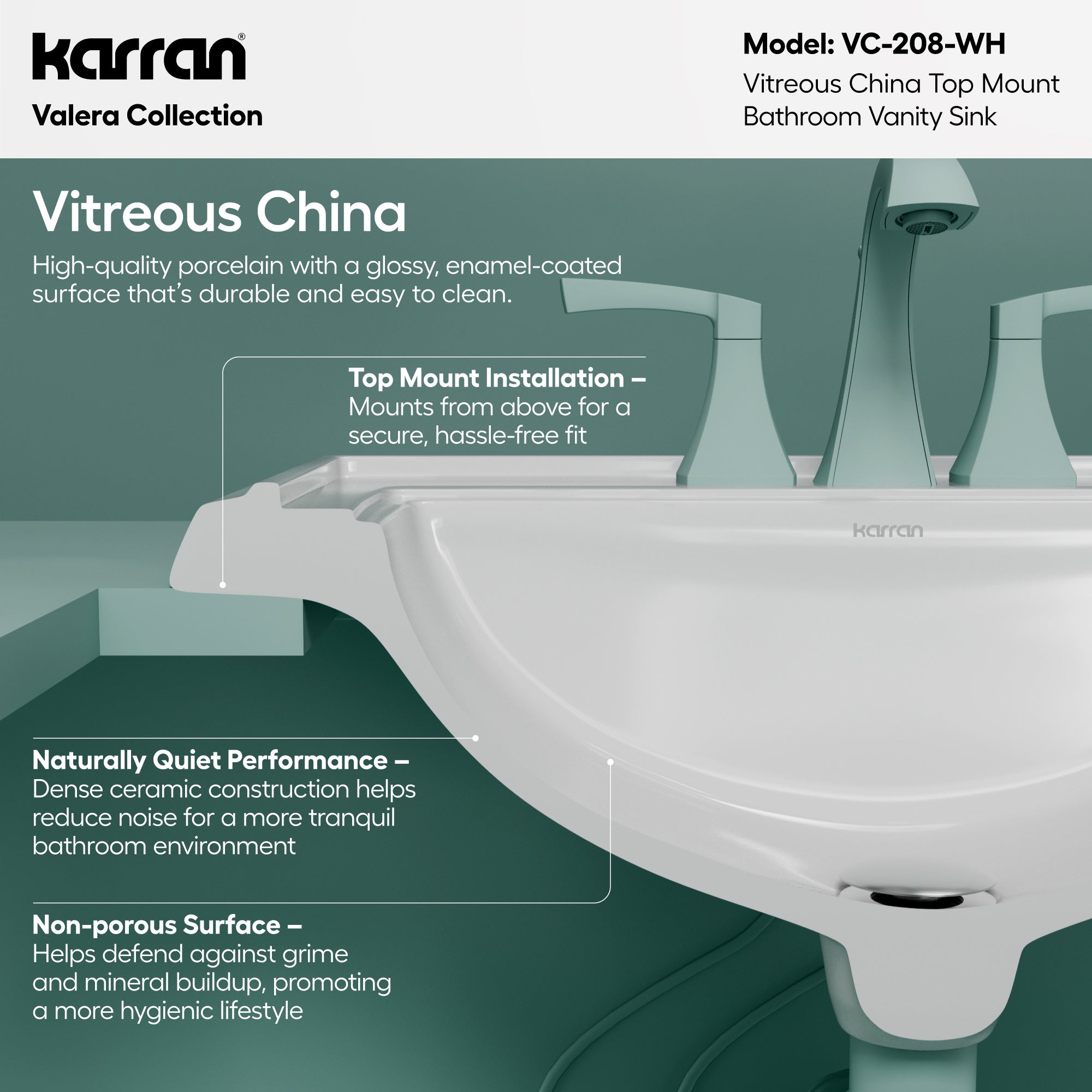 Karran Valera 18.25" x 23" Rectangular Drop In/Topmount Vitreous China ADA Bathroom Sink, White, VC-208-WH