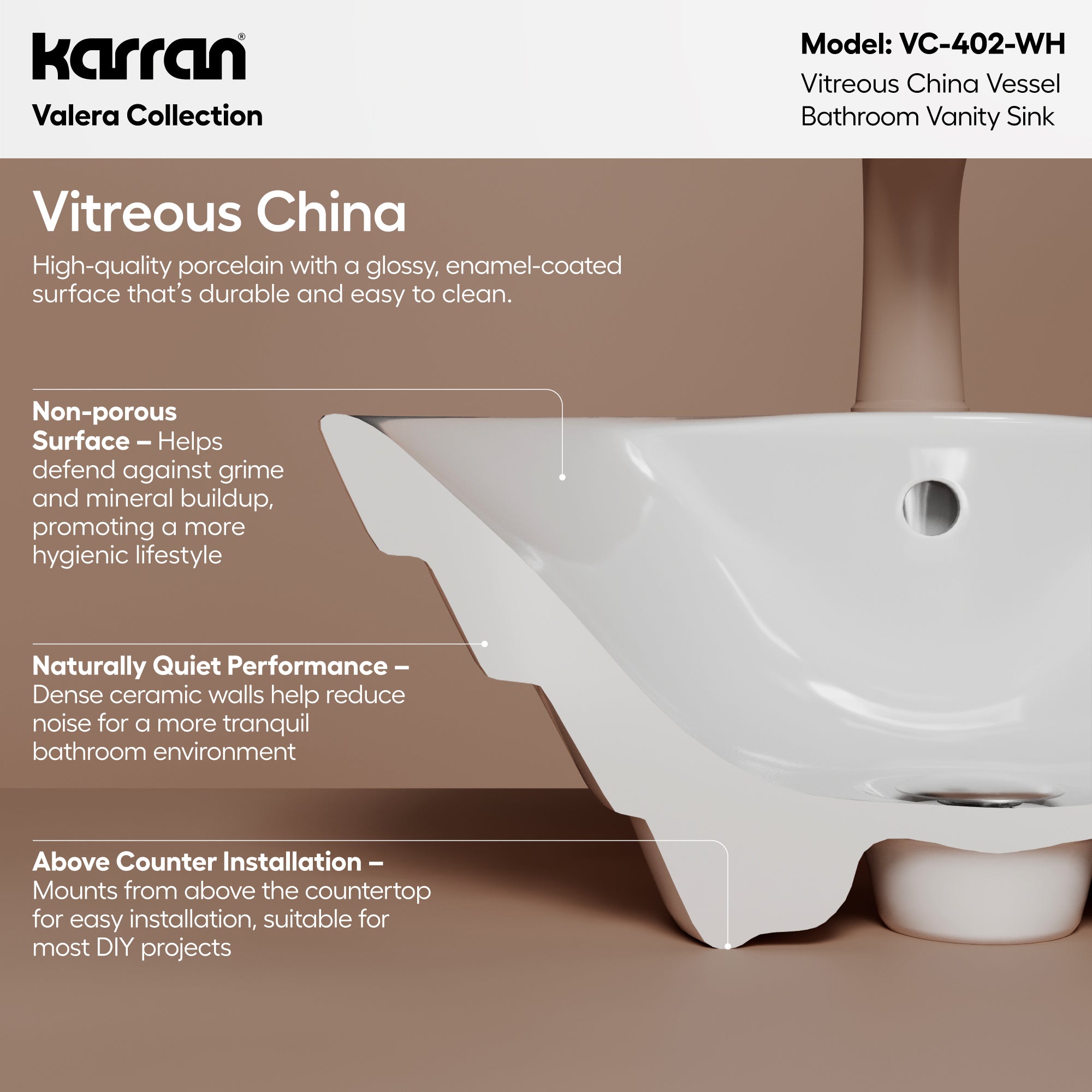 Alternative View of Karran Valera 18.875" x 18.875" x 5.75" Round Vessel Vitreous China ADA Bathroom Sink, White, VC-402-WH
