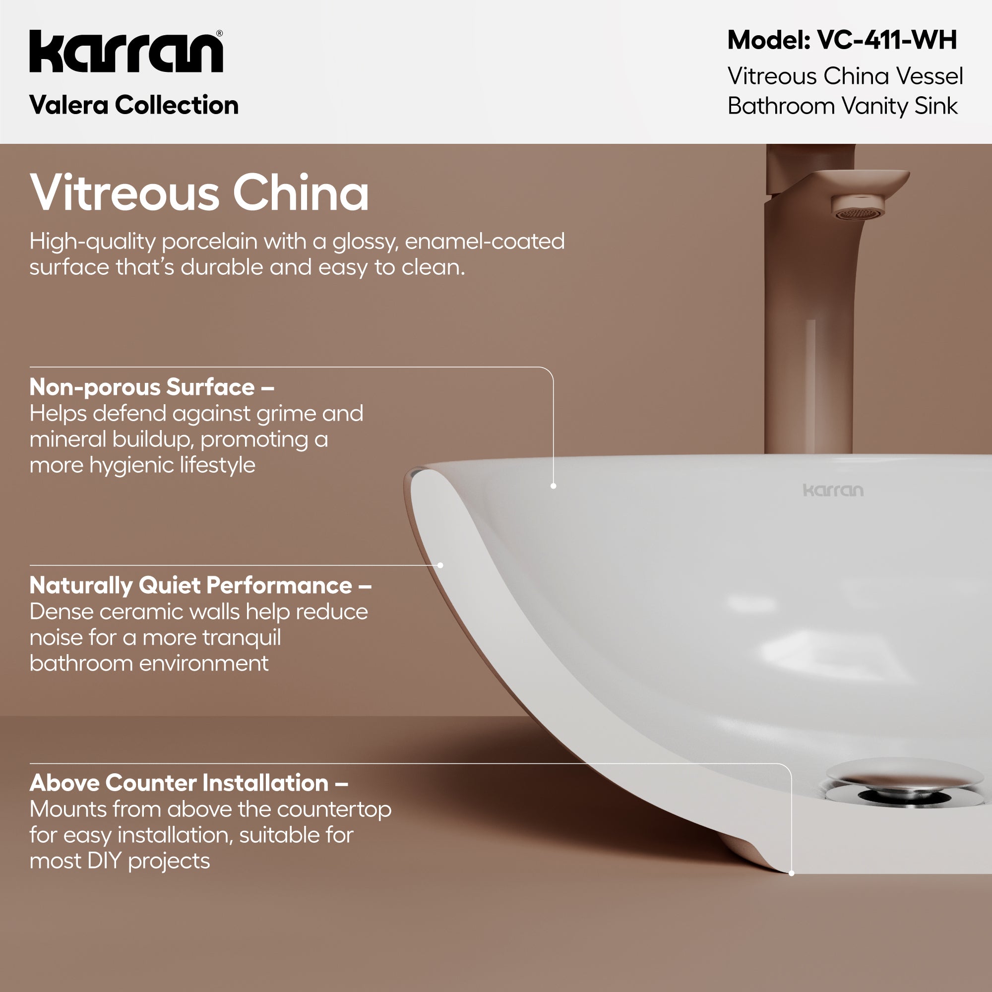 Alternative View of Karran Valera 15.5" x 15.5" x 5" Round Vessel Vitreous China ADA Bathroom Sink, White, VC-411-WH