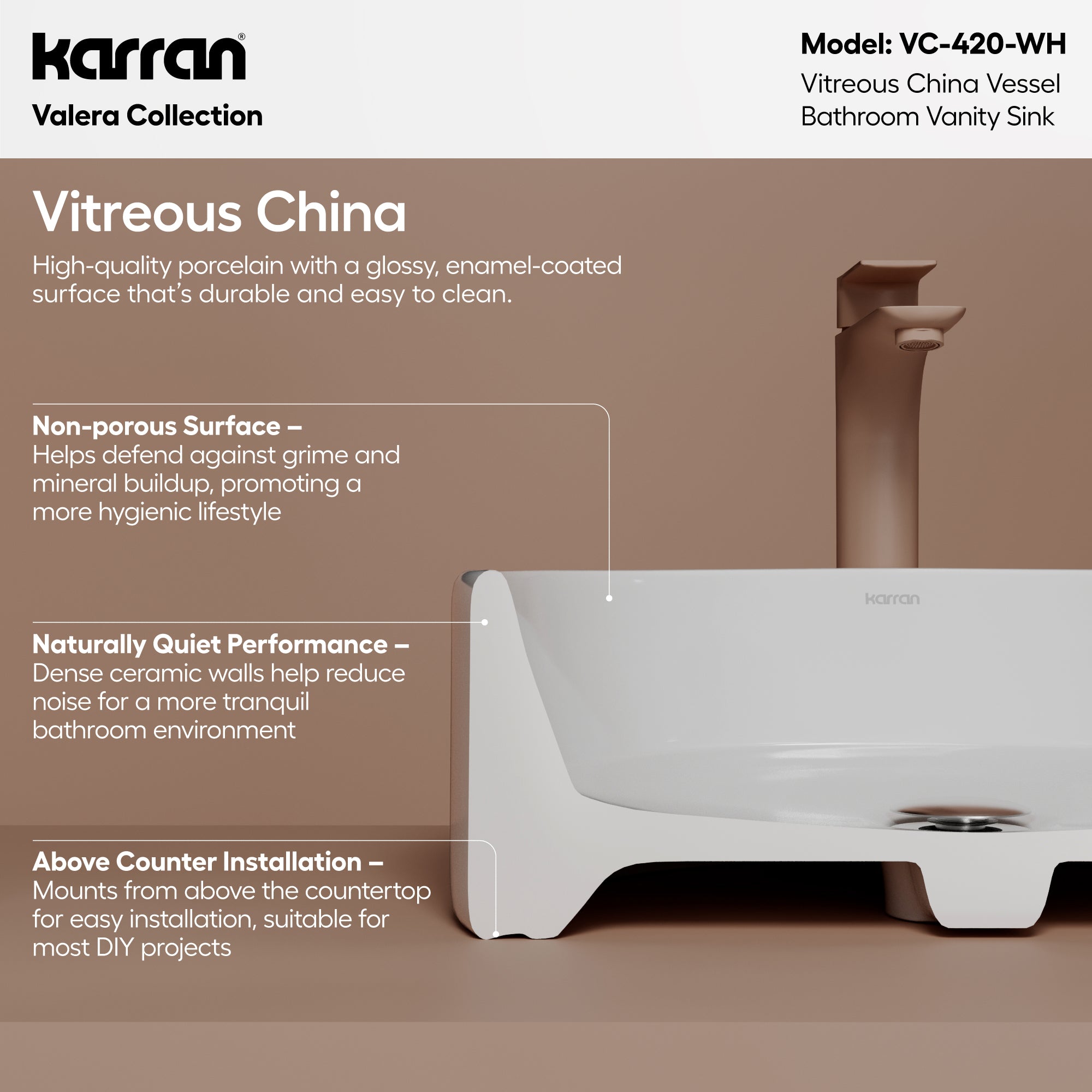 Alternative View of Karran Valera 18" x 18" x 4.5" Round Vessel Vitreous China ADA Bathroom Sink, White, VC-420-WH