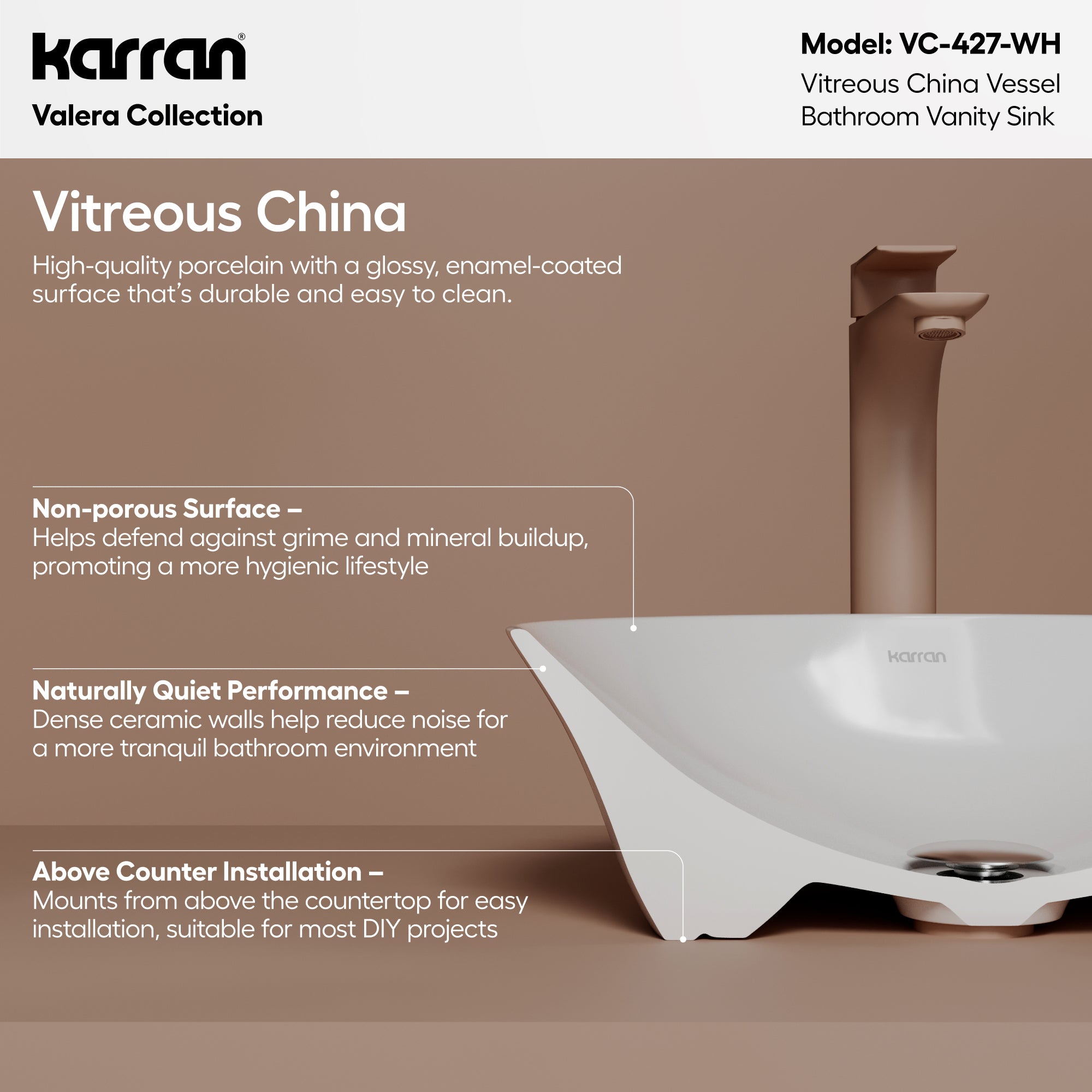 Alternative View of Karran Valera 16.5" x 16.5" x 4" Round Vessel Vitreous China ADA Bathroom Sink, White, VC-427-WH