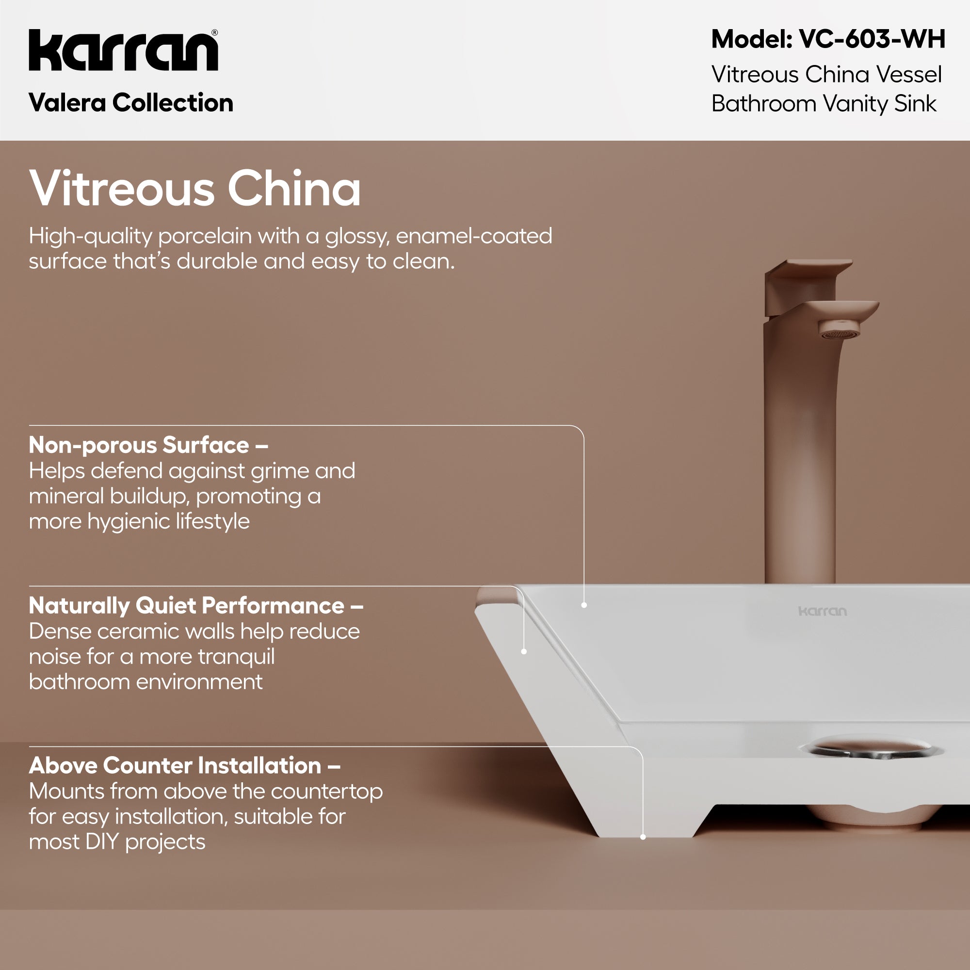 Alternative View of Karran Valera 16.25" x 16.25" x 3.75" Square Vessel Vitreous China ADA Bathroom Sink, White, VC-603-WH