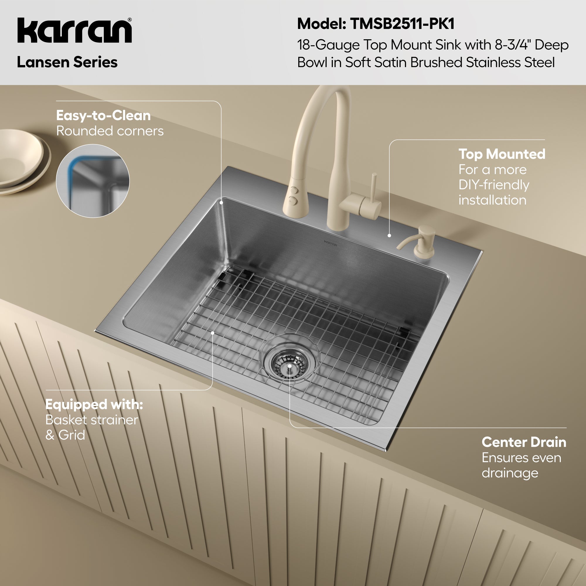Karran lansen 25 stainless steel kitchen sink 18 gauge informational image