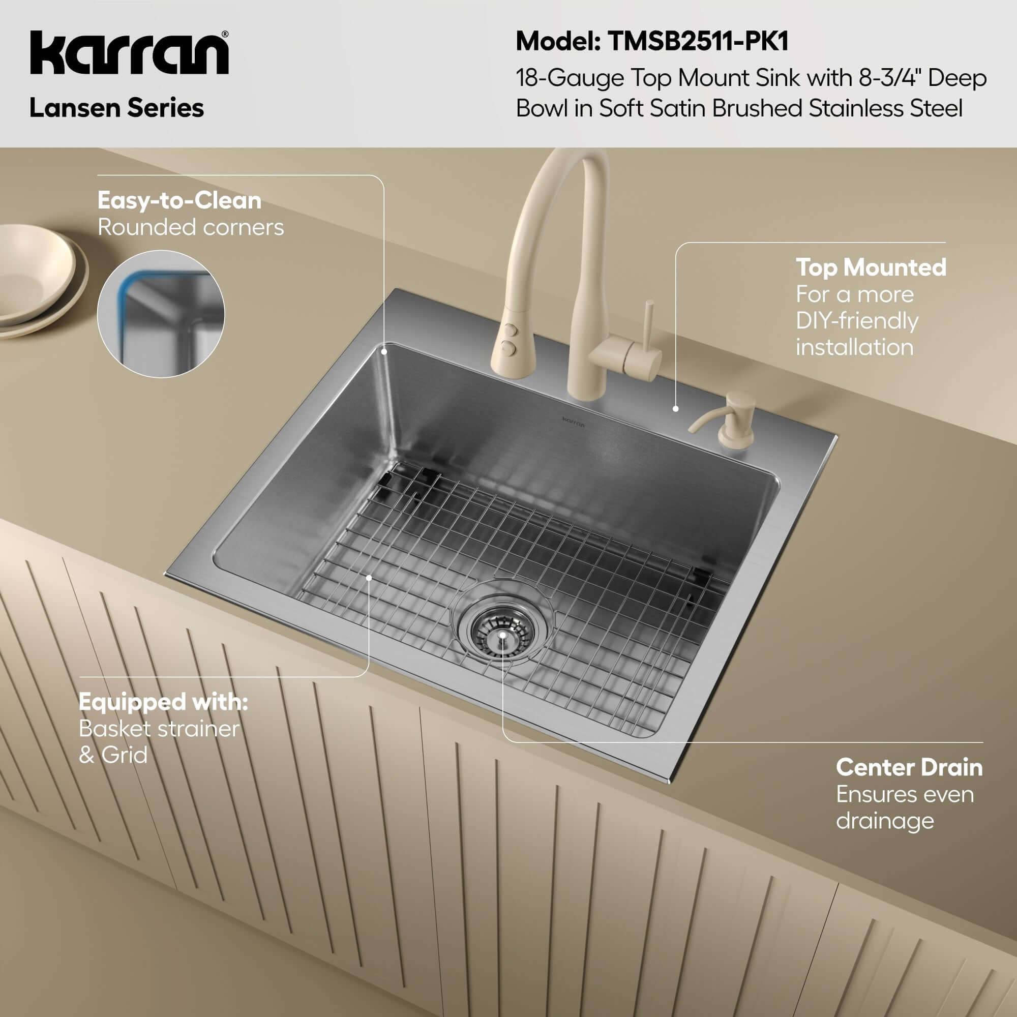Karran lansen 25 stainless steel kitchen sink 18 gauge informational image