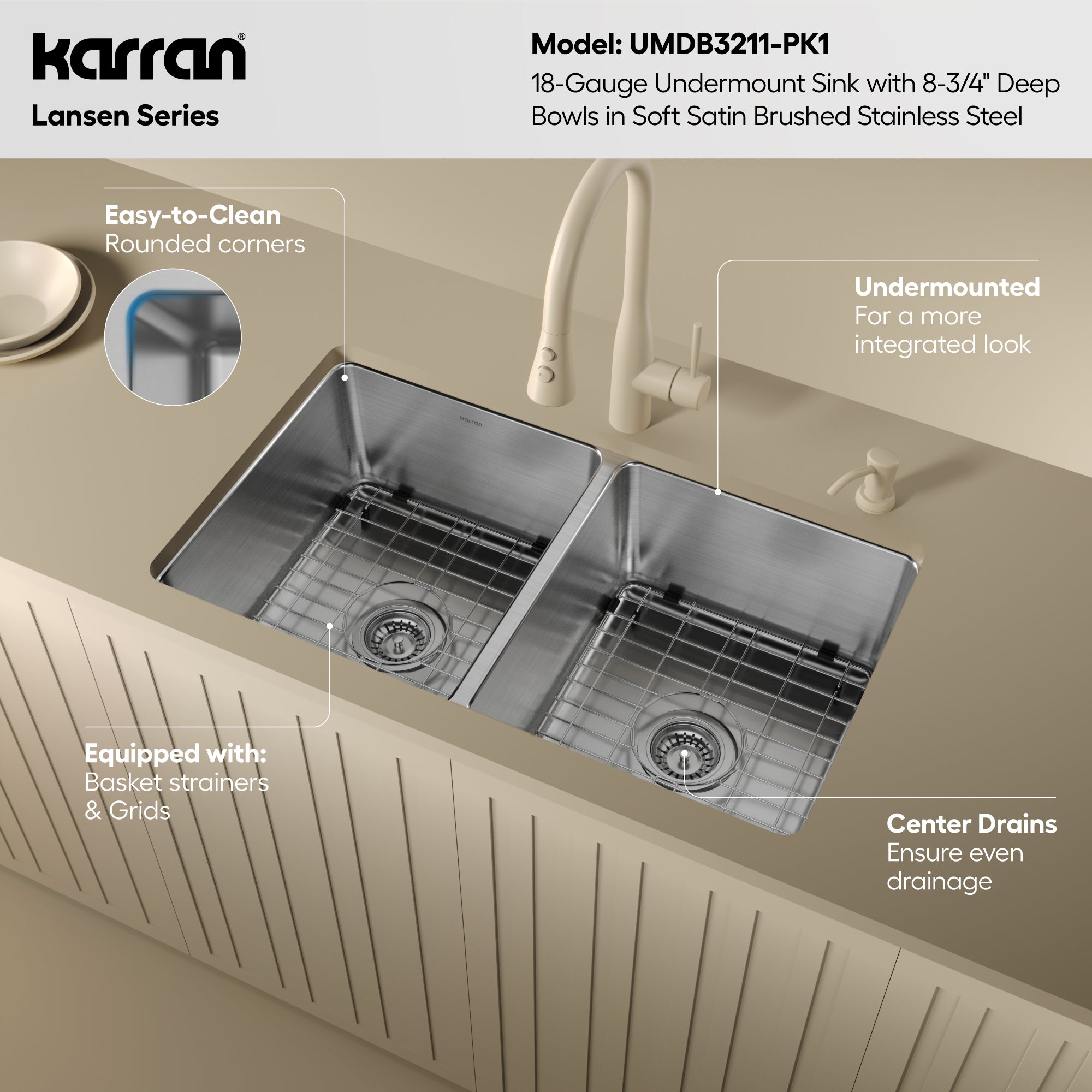 Karran lansen 32 stainless steel kitchen sink 50/50 double bowl informational image