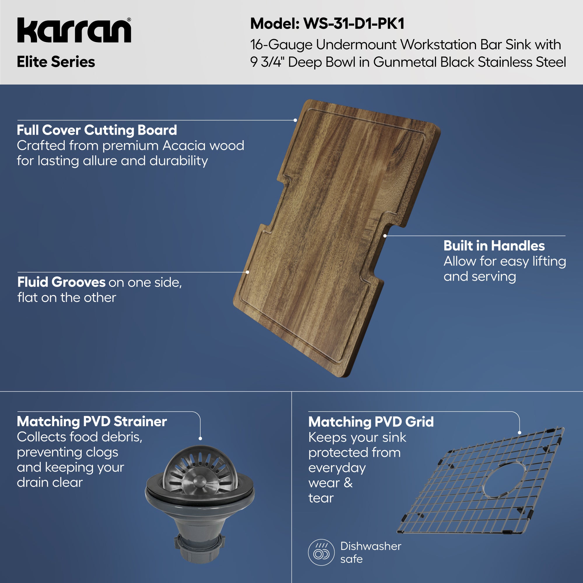 Karran elite workstation 15 stainless steel kitchen sink gunmetal black informational image