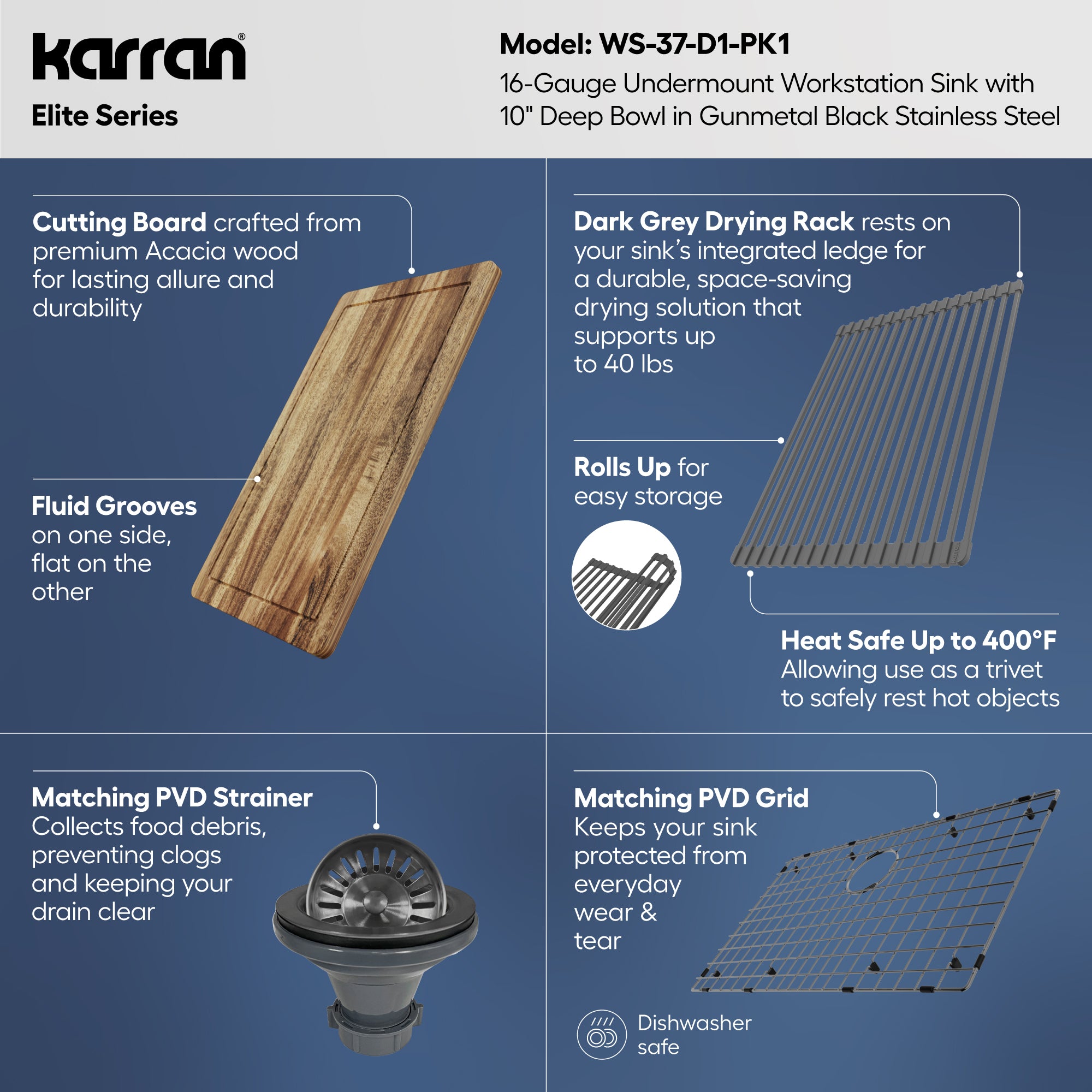 Karran elite workstation 32 stainless steel kitchen sink gunmetal black informational image