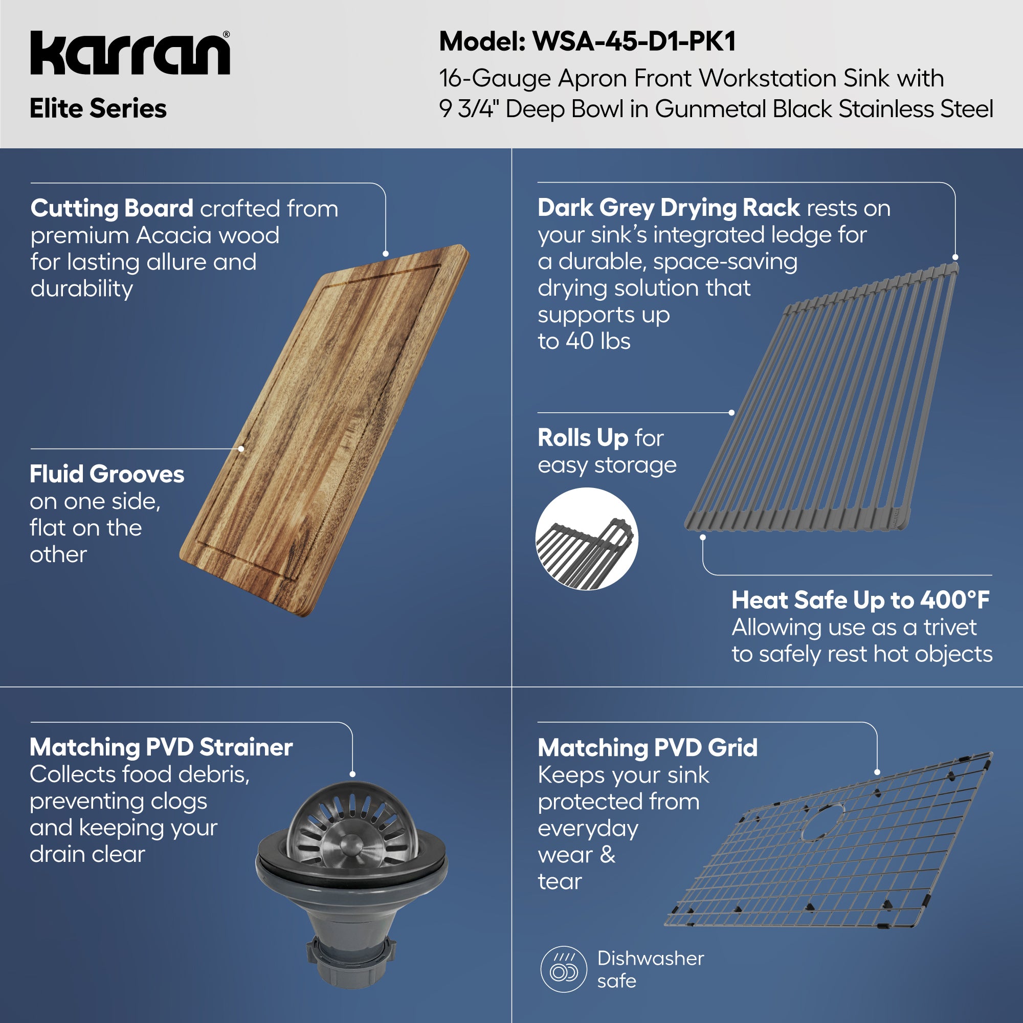 Karran elite workstation 33 stainless steel farmhouse sink gunmetal black informational image