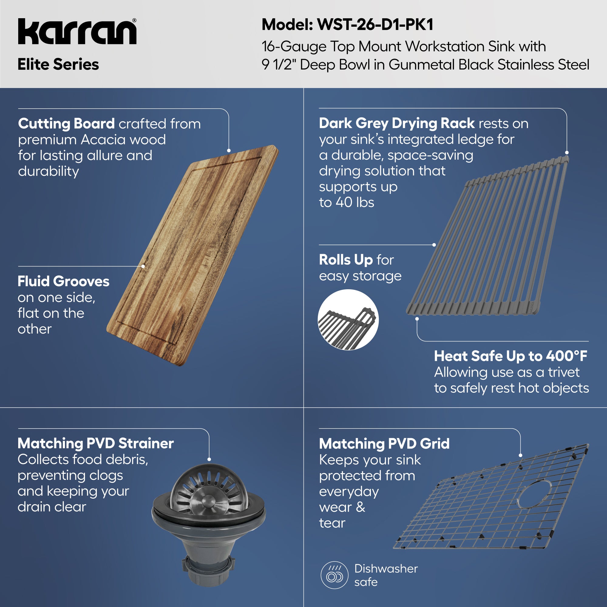 Karran elite workstation 33 stainless steel kitchen sink gunmetal black informational image