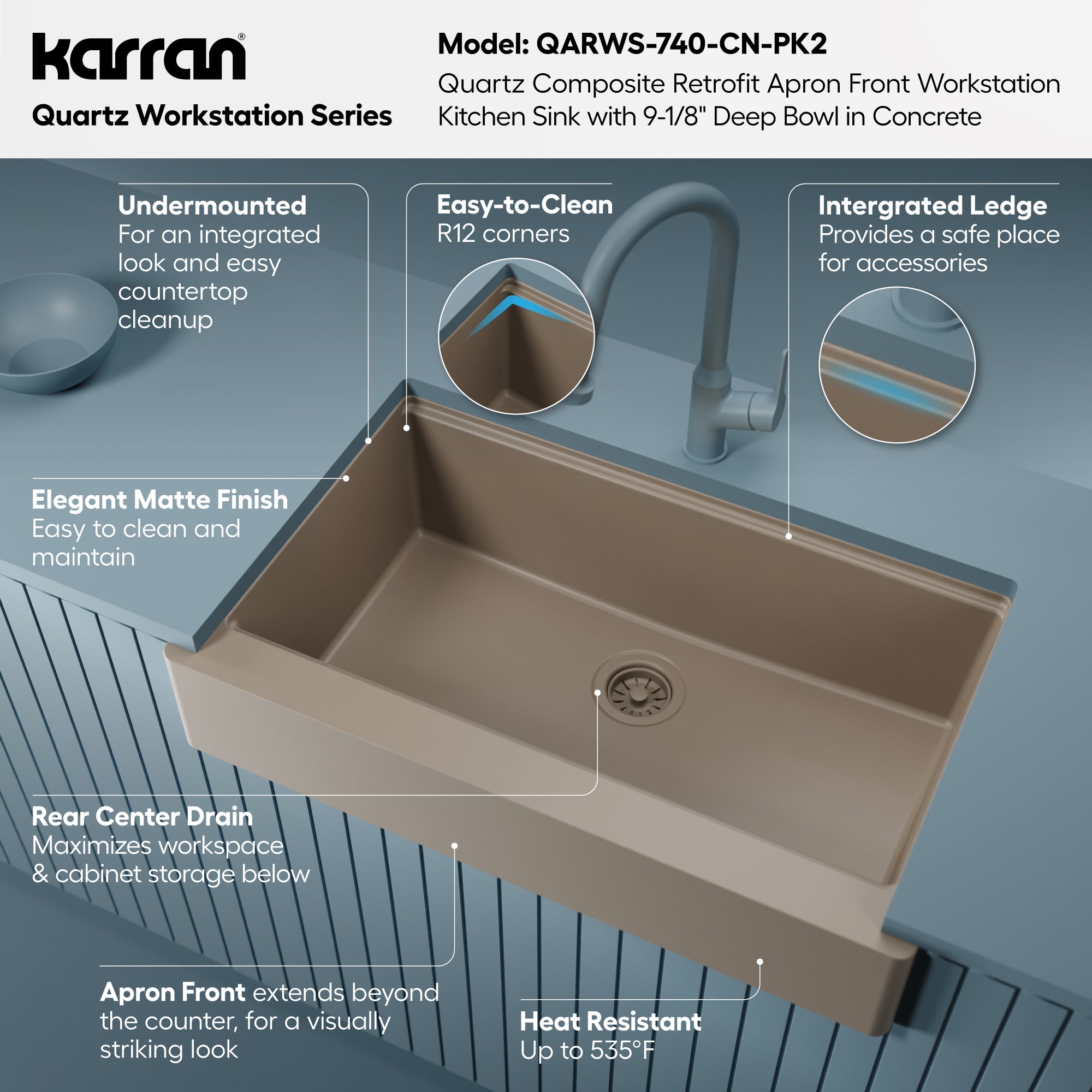 Karran 34 quartz composite retrofit workstation farmhouse sink concrete informational image